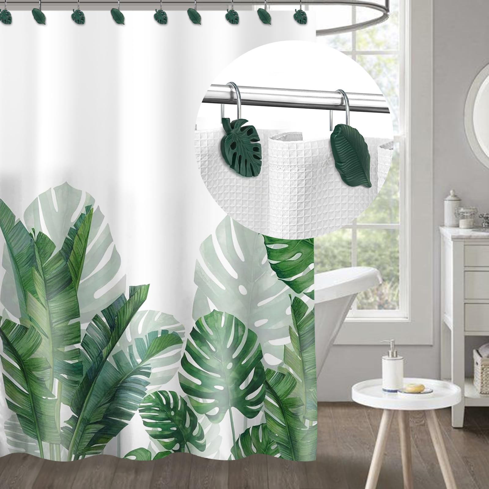 Tropical Leaf Shower Curtain Hooks - Set of 12 Dark Green Botanical Bathroom Accessories with Monstera & Bird of Paradise Design, Durable Resin Shower Rings for Spa-Like Bathroom Decor