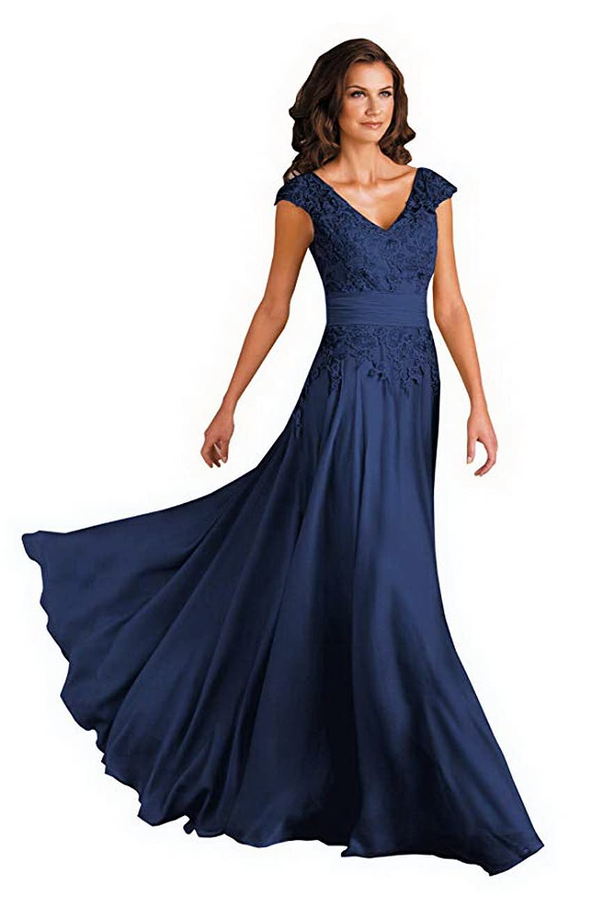 Elegant V-Neck Chiffon Mother of the Bride Dress with Lace Sleeves - Formal Long Evening Gown for Wedding Guest, Bridal Shower & Special Occasions