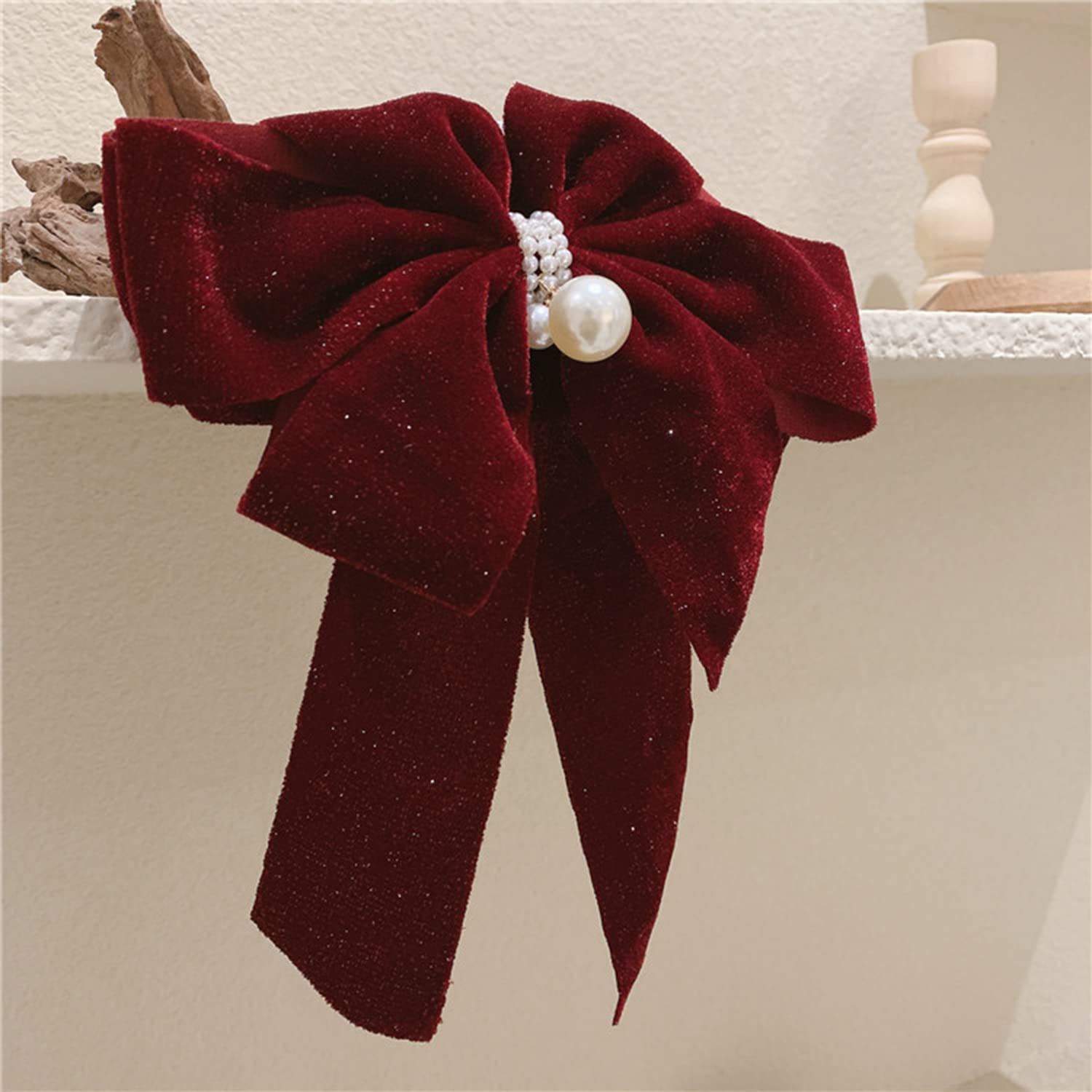 Elegant Big Bow Hair Clips with Pearl Accents - Large Soft Hair Barrettes for Women & Girls (Red) - Perfect for Weddings, Parties & Everyday Hair Accessories