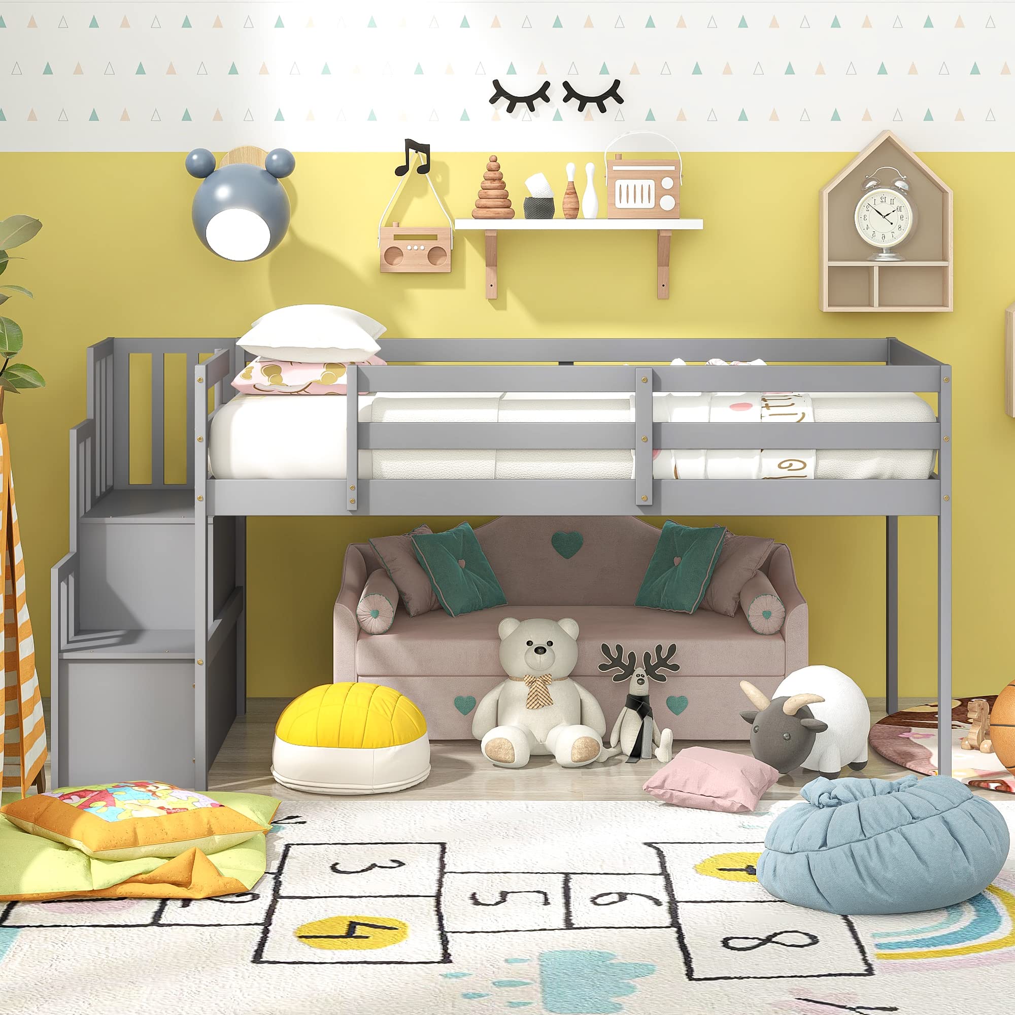 Twin Low Loft Bed for Kids with Staircase - Wooden Loft Bed Frame with 2-Step Stairs, Storage Shelves & Safety Rails - No Box Spring Needed - Easy Assembly (Grey) - Perfect for Small Bedrooms, Kids' Rooms & Space-Saving Solutions