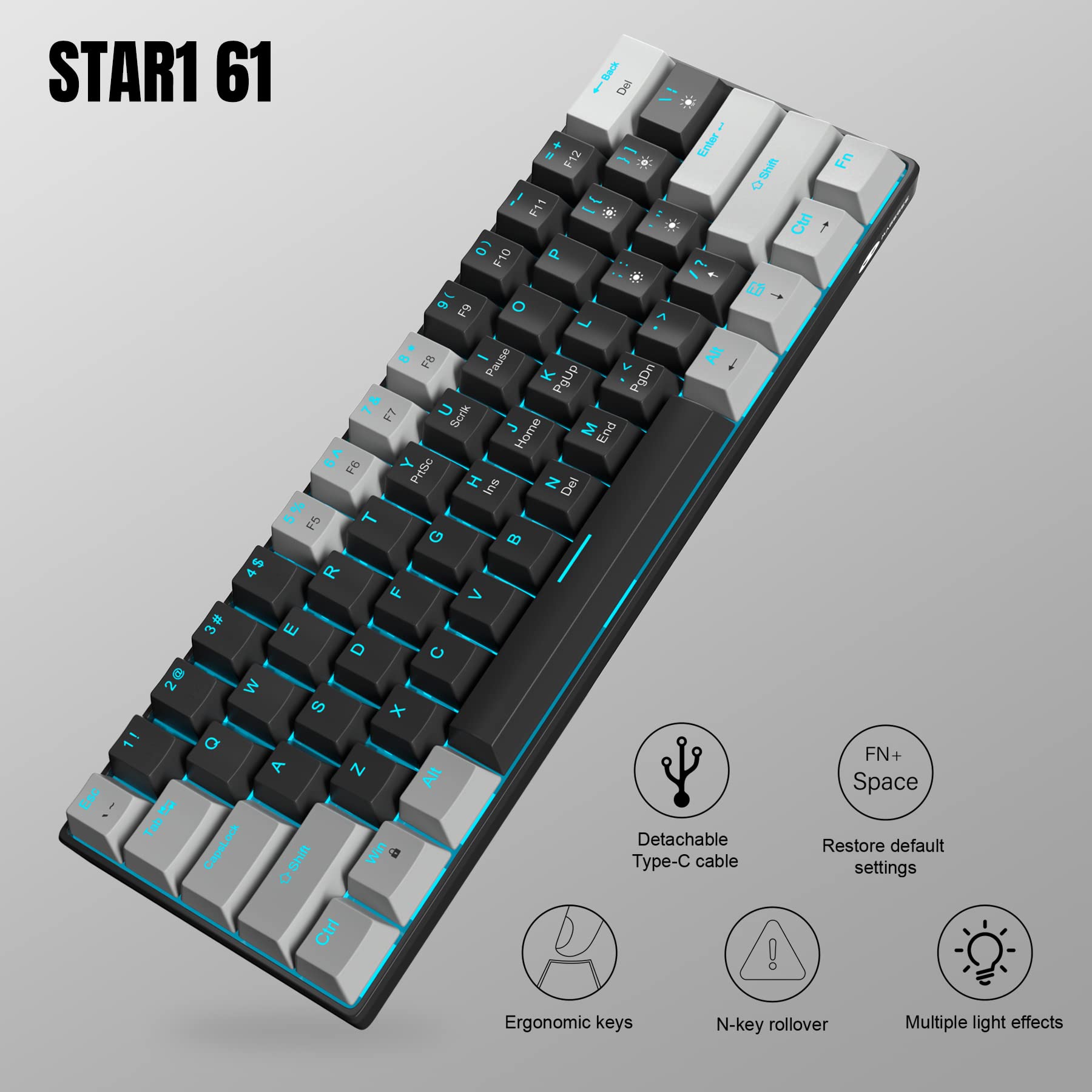 MageGee 60% Compact Mechanical Gaming Keyboard with Red Switches & Sea Blue Backlit - Portable 60 Percent Keyboard for PC Gamers (Grey Black) - Perfect for Esports, Office Work and Travel