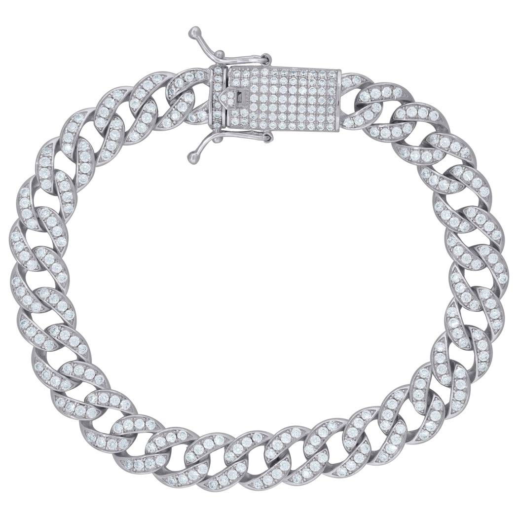 925 Sterling Silver Men's CZ Cubic Zirconia Simulated Diamond Miami Curb Link Bracelet - 9mm Width, 8 Inch Length - Durable & Hypoallergenic Jewelry Gift for Him - Perfect for Weddings, Anniversaries & Special Occasions