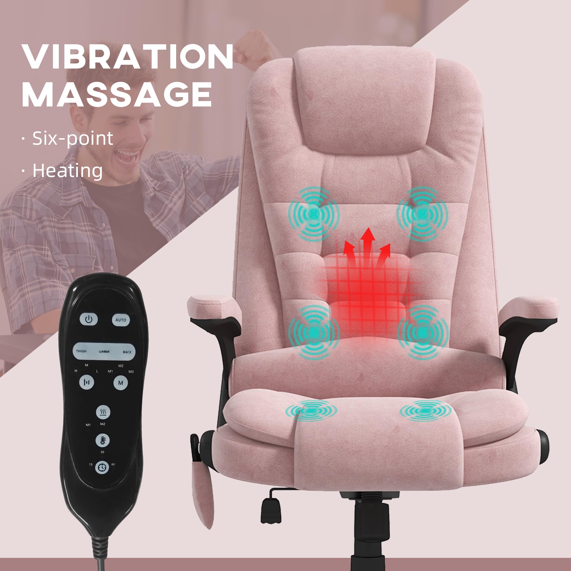 HOMCOM 6-Point Vibrating Massage Office Chair with Heat - Velvet High Back Executive Chair, Reclining Backrest & Padded Armrests - Remote Control - Pink - Perfect for Home Office, Gaming & Relaxation