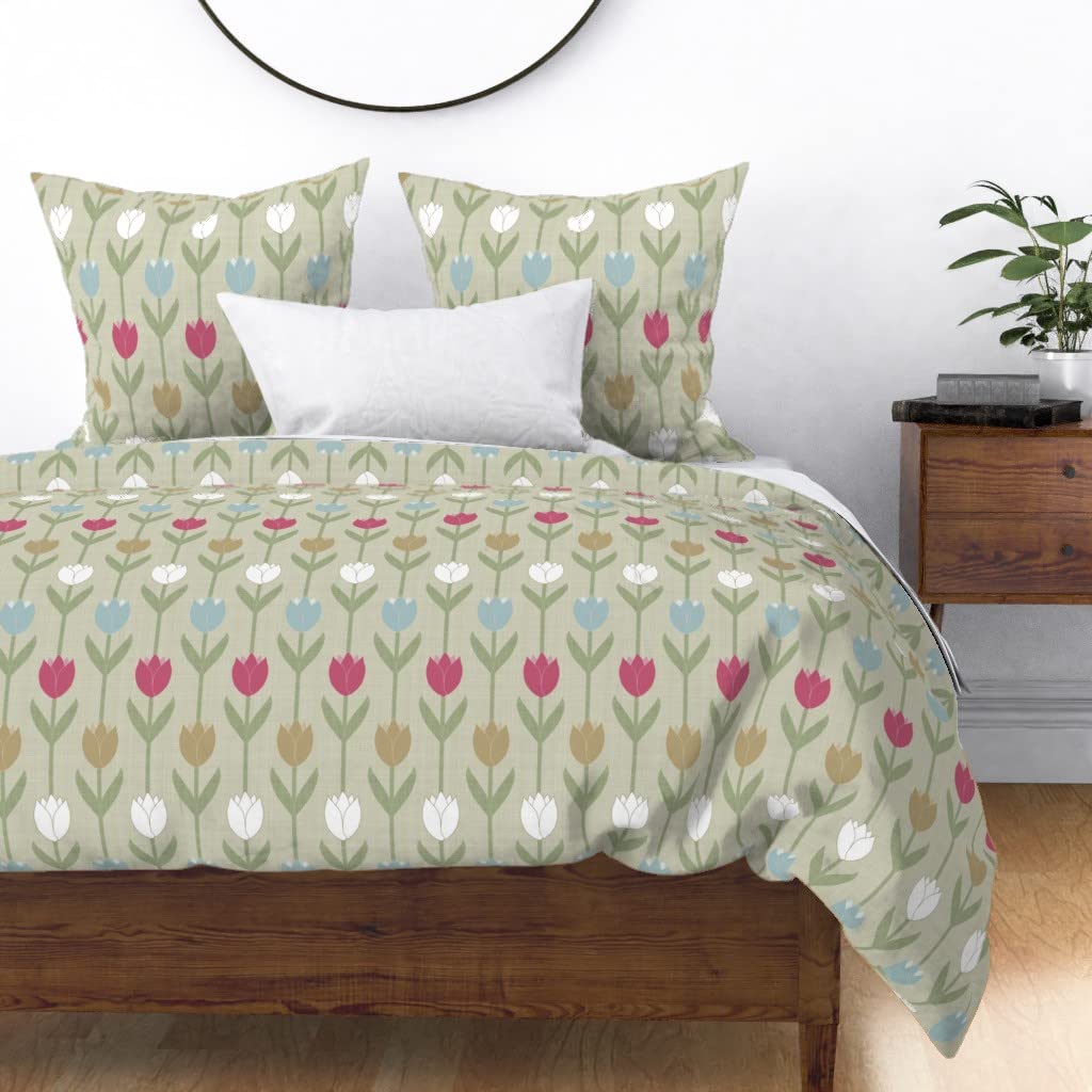 Premium Cotton Sateen Duvet Cover Twin Size - Vibrant Pink & Blue Floral Tulip Print Custom Bedding Set for Cozy Bedroom Decor