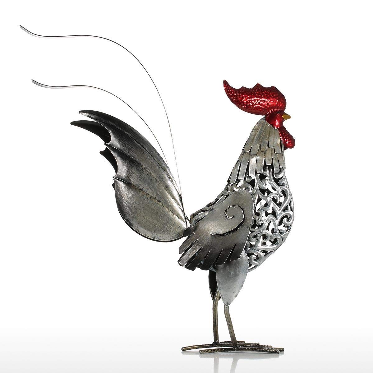 FEANG Metal Rooster Sculpture - Handcrafted Iron Rooster Figurine for Home Decor, Silver Red Artwork | Perfect for Farmhouse, Rustic & Vintage Interior Design