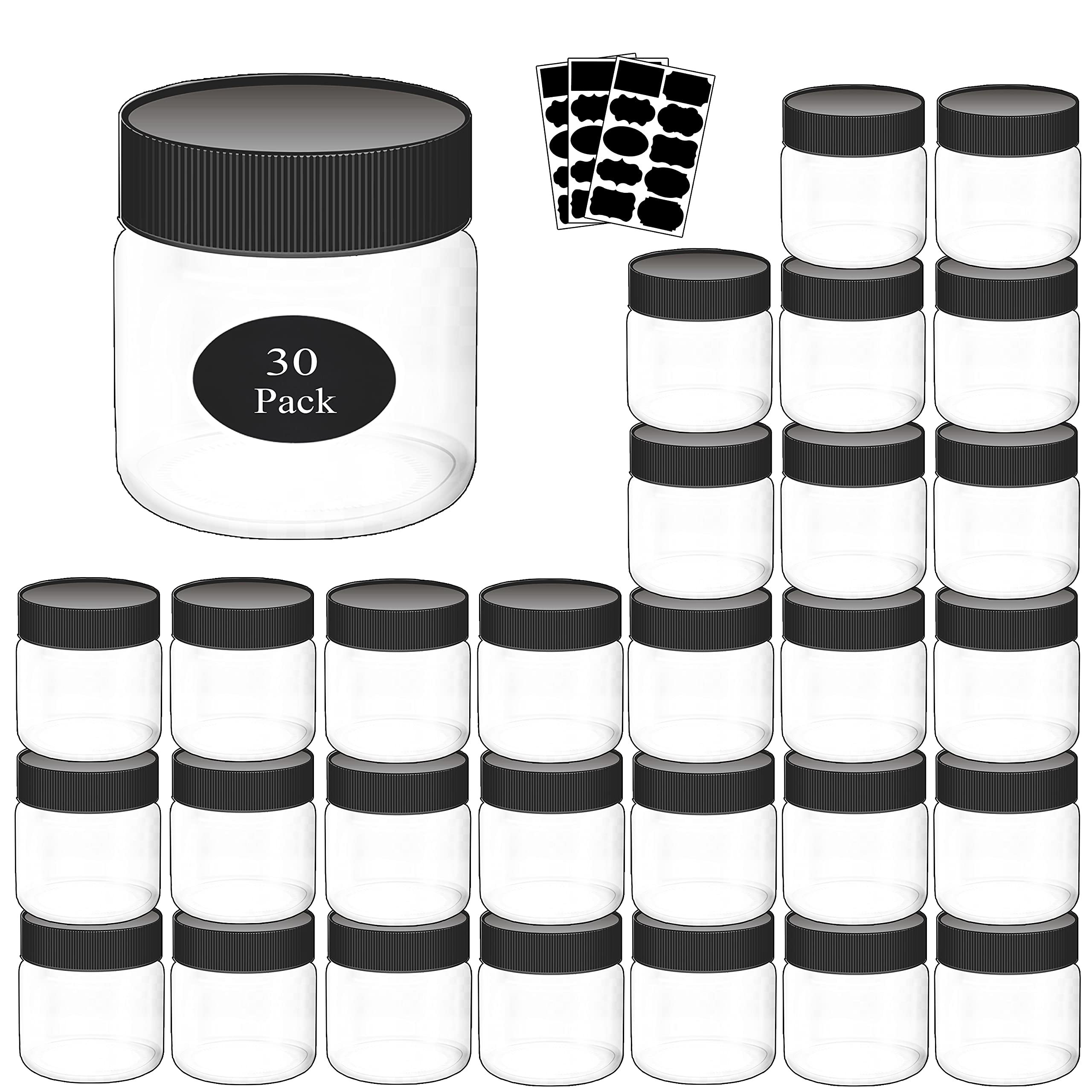 8oz Plastic Jars with Lids - 30 Pack Leakproof Round Slime Containers for Kitchen Pantry Storage | Ideal for Home Organization, DIY Crafts & Bulk Food Storage | Includes 30 Chalkboard Labels for Easy Identification