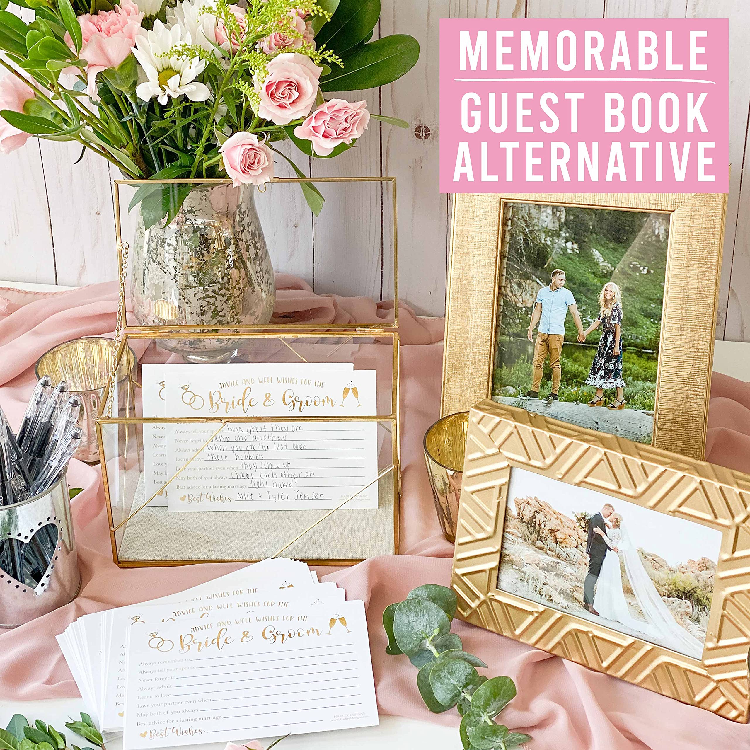 Hadley Designs 50 Advice Cards for Bride & Groom - Fun Bridal Shower Games, Wedding Guest Book Alternative & Reception Card Box - Perfect for Wedding Parties, Bridal Showers & Anniversary Celebrations
