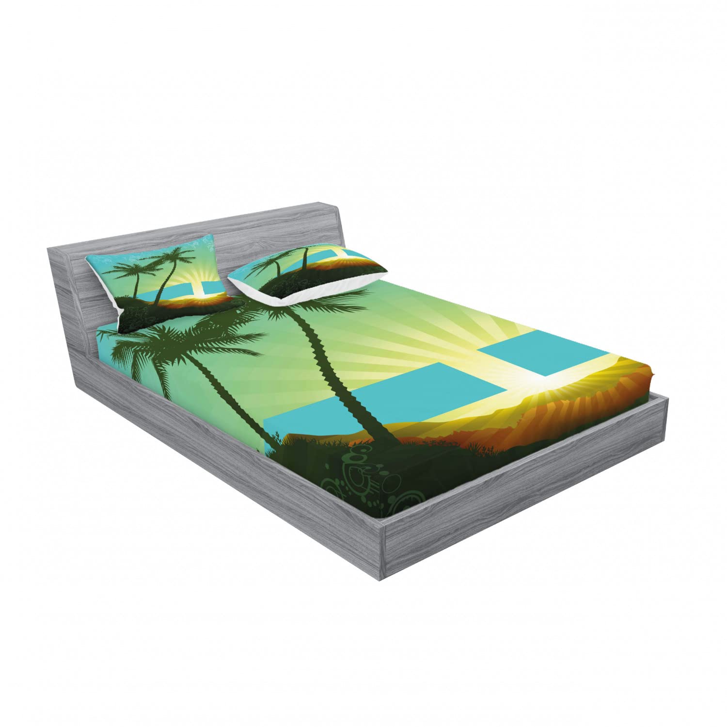 Ambesonne Tropical Sunrise 2-Pack Queen Fitted Sheet Set with 4 Pillow Shams - Seafoam Lime Green Island Theme Bedding - Perfect for Beach House, Vacation Rental & Coastal Decor