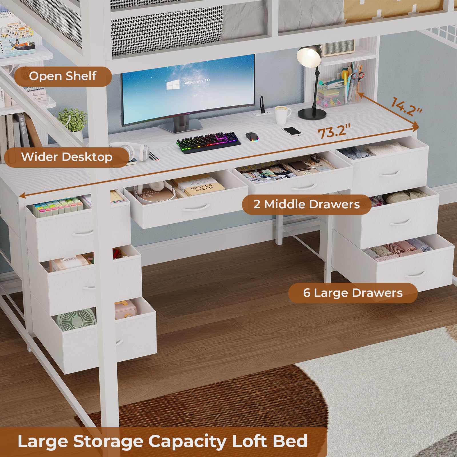 Full Metal Loft Bed with Desk & Storage - 8 Drawers, Charging Station, LED Lights & 4 Open Shelves | Noise-Free, Space-Saving Design | Perfect for Small Apartments, Dorm Rooms & Home Offices | No Box Spring Needed