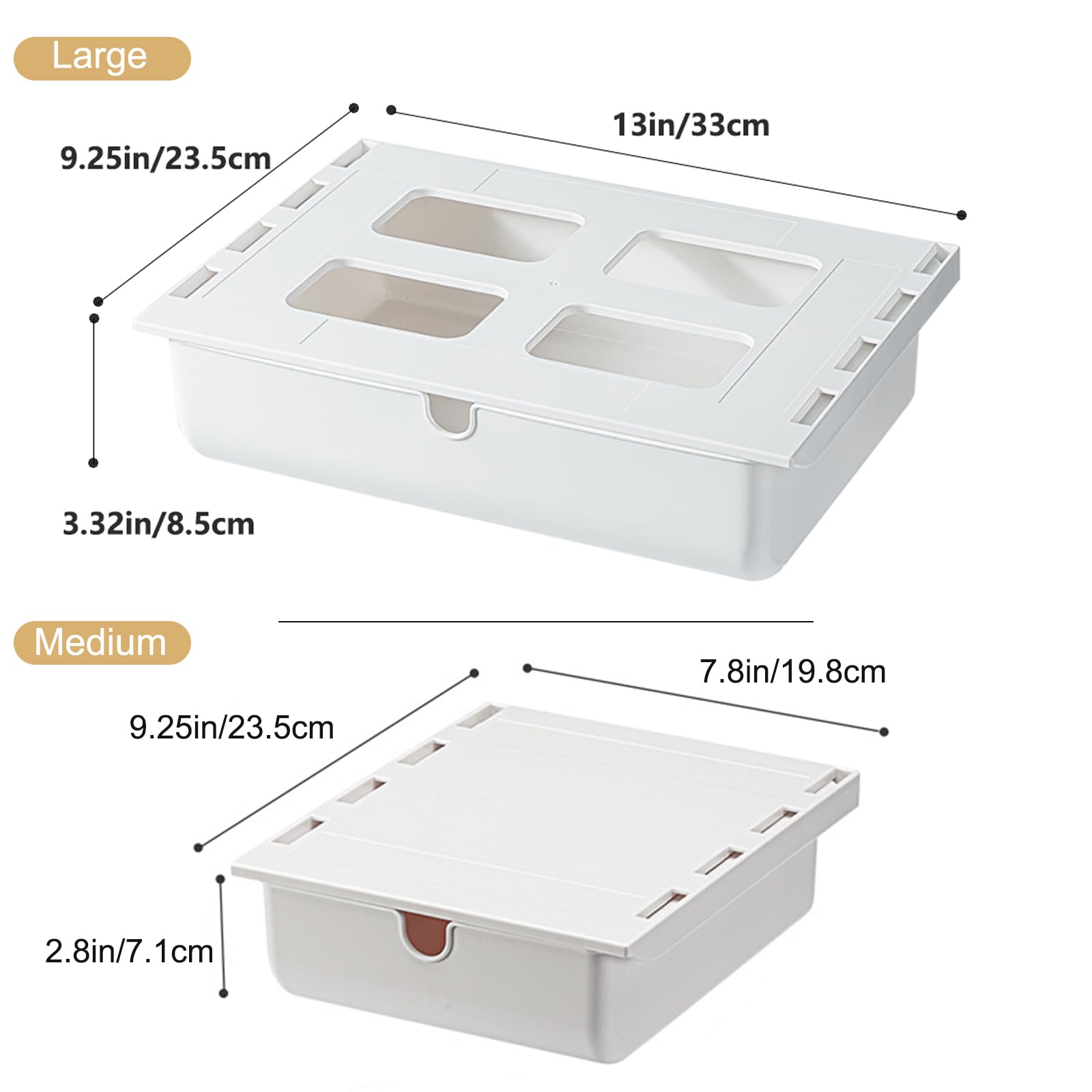 2 Pack Under Desk Drawer Organizer - Large & Medium Self-Adhesive Hidden Storage Box for Office, Cosmetics & Stationery | Stick-On Under Table Tray for Cutlery, Supplies & Desk Organization (Perfect for Home Office & Workspace)