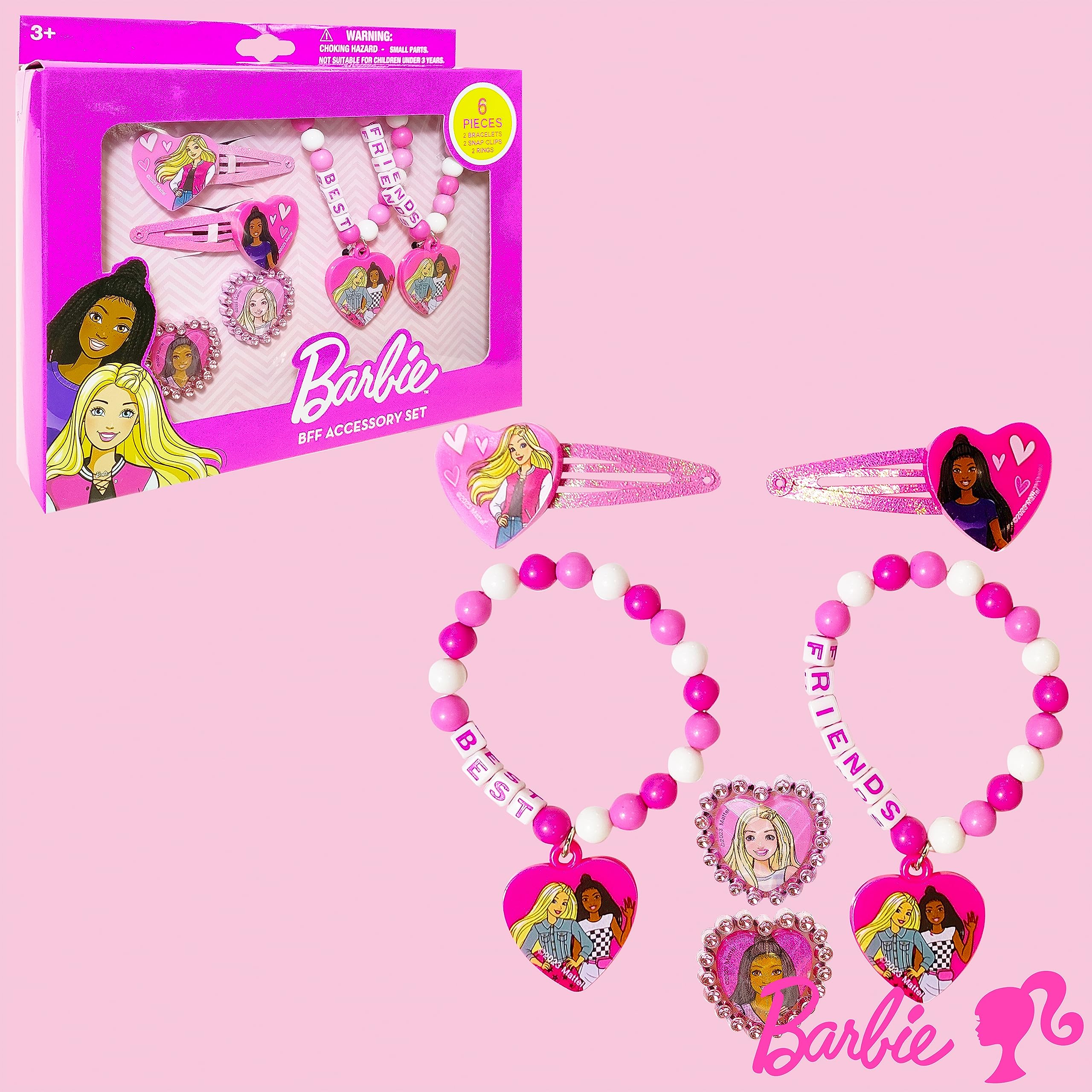 LUV HER Barbie Toy Jewelry Set for Girls - 6 Piece Accessory Box with 2 Rings, 2 Beaded Bracelets & Snap Hair Clips - Perfect Gift for 3+ Year Old Kids - Birthday Party, Dress Up Play & Pretend Play Accessories