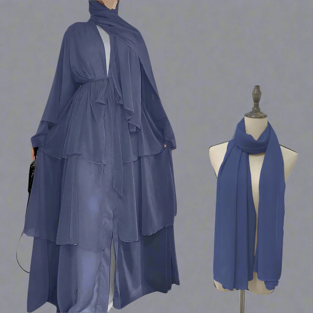 Elegant 3-Layer Chiffon Open Abaya Dress with Matching Hijab for Muslim Women - Perfect for Prayer, Modest Fashion & Special Occasions