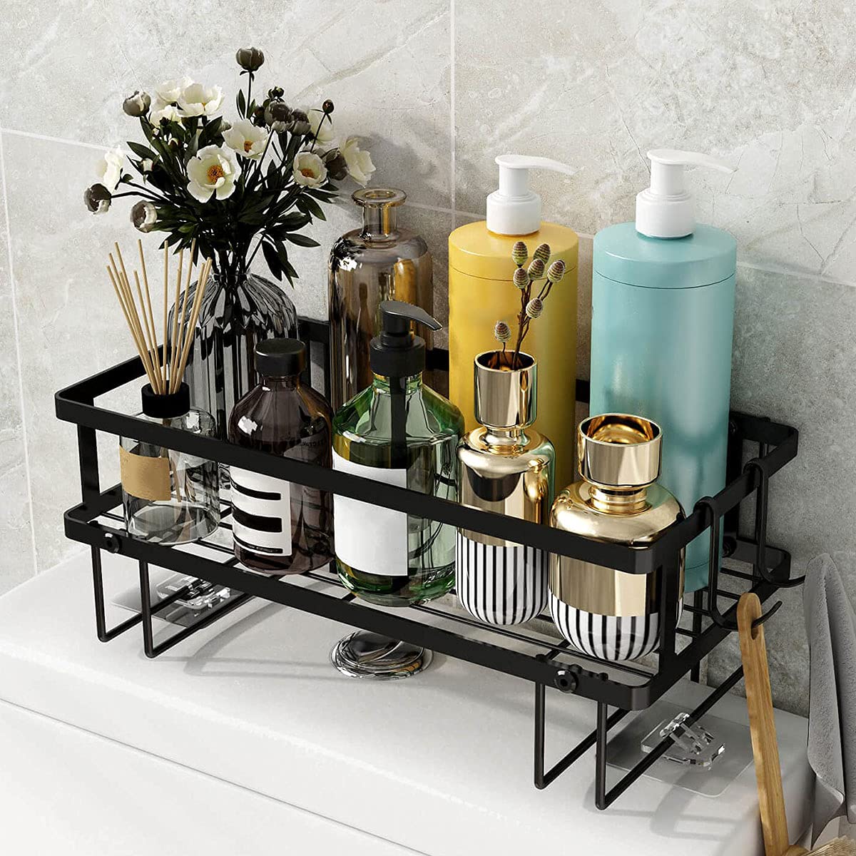 Over Toilet Storage Shelf Organizer with Hooks - No Drilling Space Saving Bathroom Shelf for Paper Towels, Shampoo & Toiletries - Black 1-Tier Shower Shelf for Small Bathroom Organization & Storage