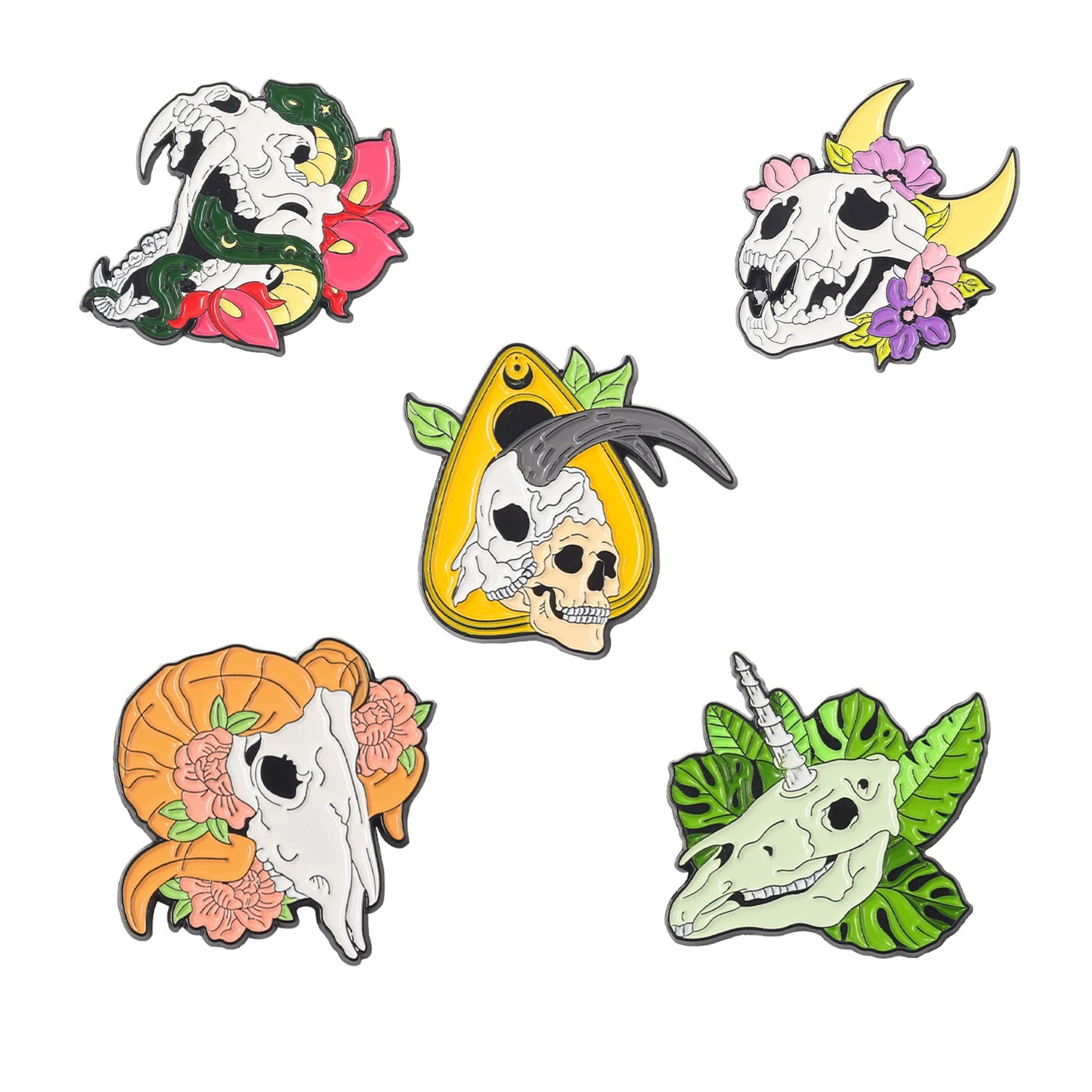 ROFARSO 5-Piece Skull Enamel Brooch Pin Set - Cartoon Gothic Lapel Pins for Backpacks, Hats, Bags - Unisex Accessories for Women, Men, Girls & Kids - Perfect for Halloween, Cosplay & Punk Fashion