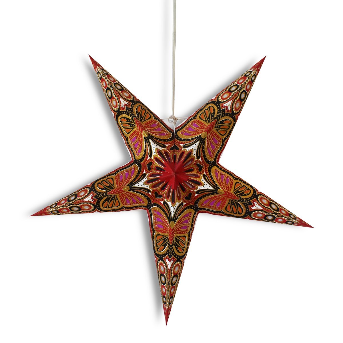 24 Pack Red & Black Butterfly Glitter Paper Star Lanterns - Hanging Wedding Decorations, Party Supplies for Indoor/Outdoor Events, Birthday Celebrations & Festival Lighting