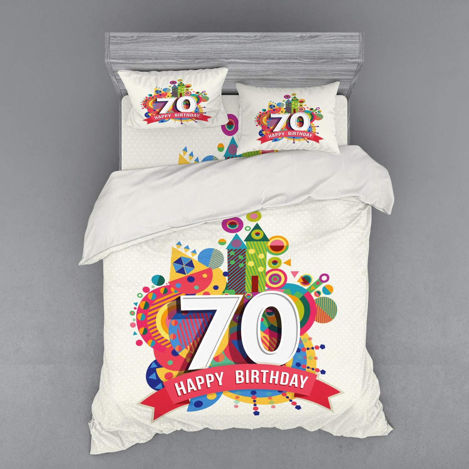 Ambesonne 70th Birthday Duvet Cover Set - Modern Geometric Design with Colorful Castle Patterns, 4-Piece Queen Size Bedding Set Includes Shams & Fitted Sheet - Perfect for Birthday Parties, Guest Rooms & Themed Bedroom Decor