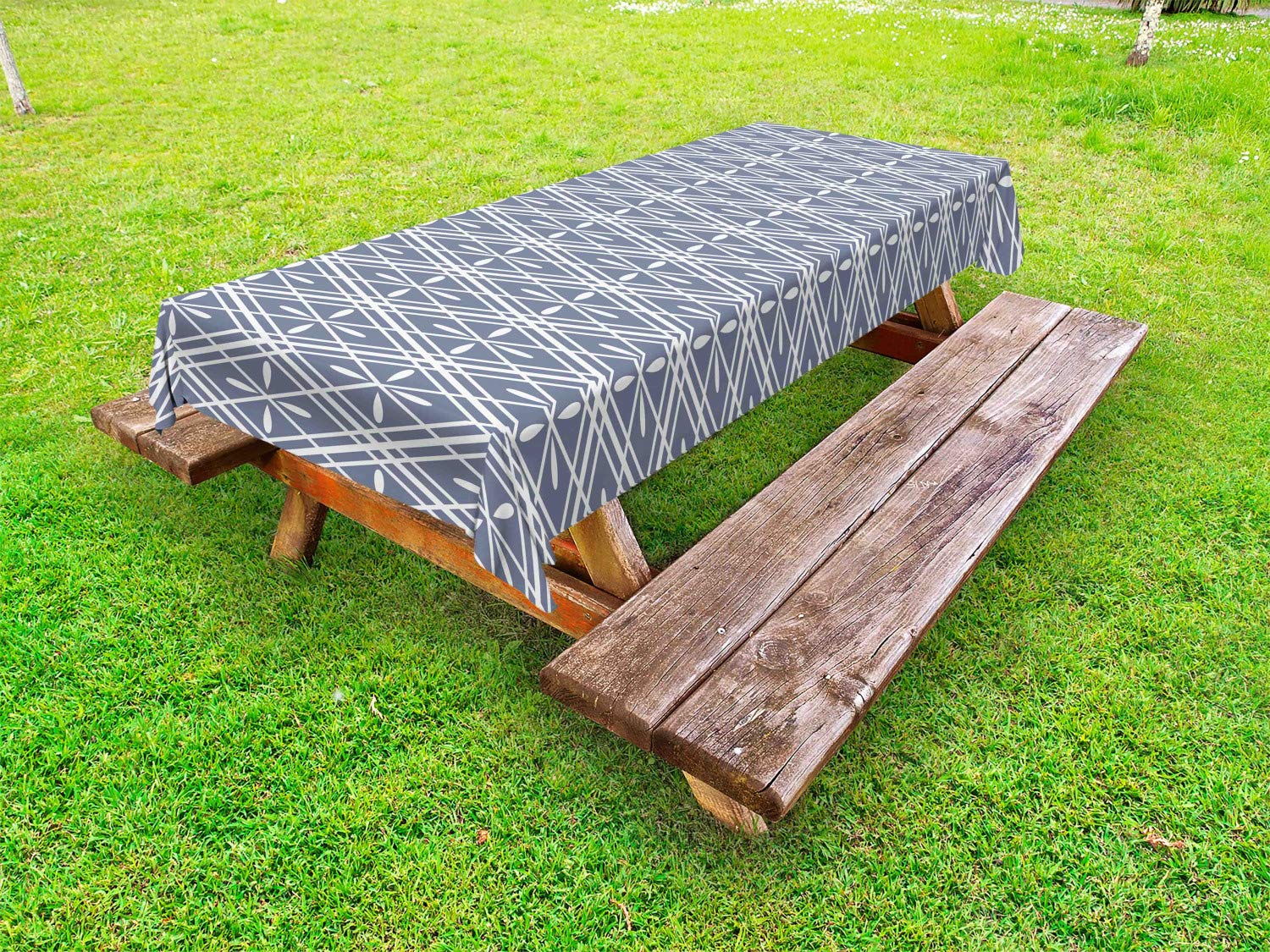 Ambesonne Geometric Outdoor Tablecloth - Oriental Inspired Plant Pattern Washable Picnic Table Cover 58x104 Inches, Grey White - Perfect for Garden Parties, BBQs, and Outdoor Dining Events