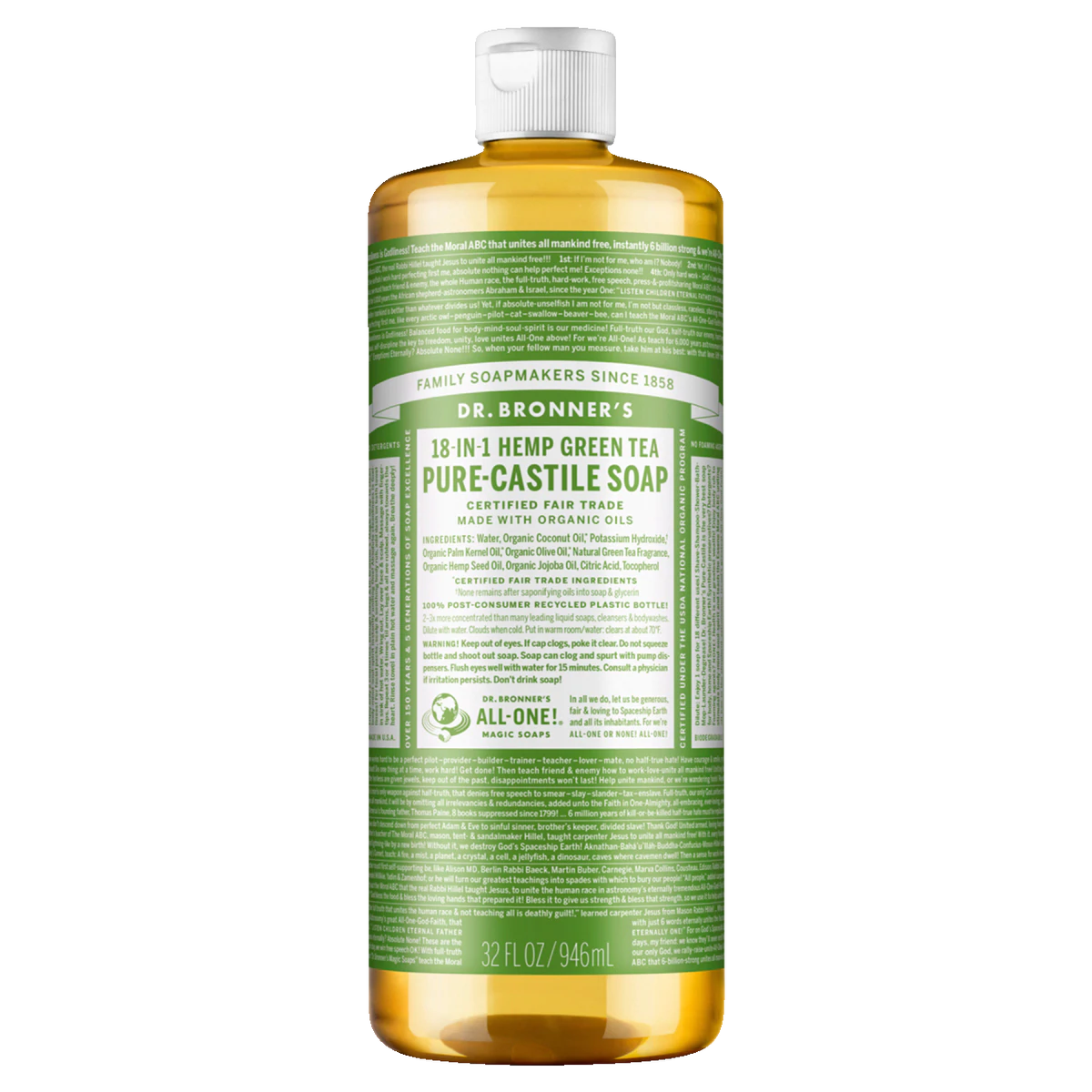 Dr. Bronner's Pure-Castile Liquid Soap - Organic Green Tea Scent | All-Natural, Vegan & Biodegradable | For Face, Body, Hair & Home Cleaning | Perfect for Sensitive Skin & Eco-Friendly Lifestyle