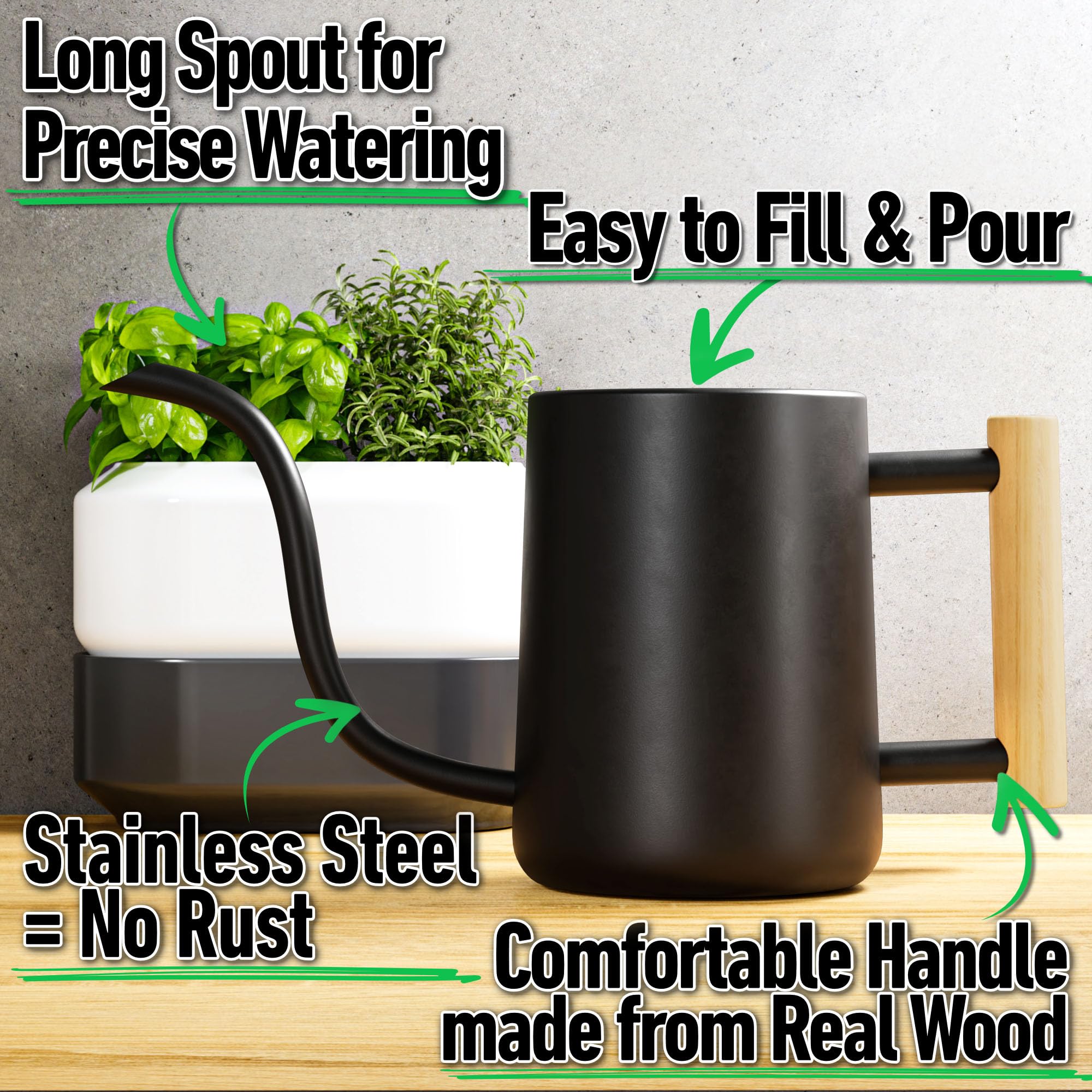 35oz Indoor Watering Can with Long Spout - Small Black Plant Watering Pot for Houseplants, Succulents & Herbs - Perfect for Home, Office & Garden Use