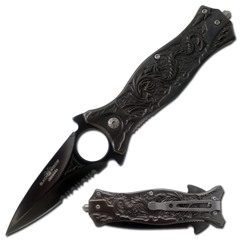 Tactical Folding Pocket Knife - Snake Eye Design with Half-Serrated Blade & Dragon Handle (Black) | EDC, Outdoor Survival, Camping, Hunting Gear