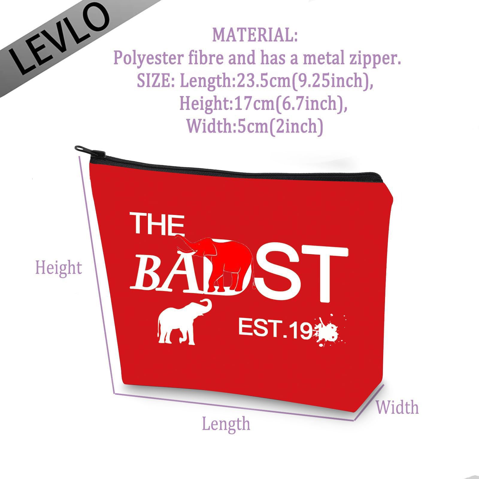LEVLO Sisters Sorority Cosmetic Makeup Bag - The Baddest Elephant Design Zippered Pouch for College Sorority Gifts, Birthday Presents & Travel Essentials (Red) | Perfect for Greek Life Events, Dorm Organization & Girls Night Out Accessories