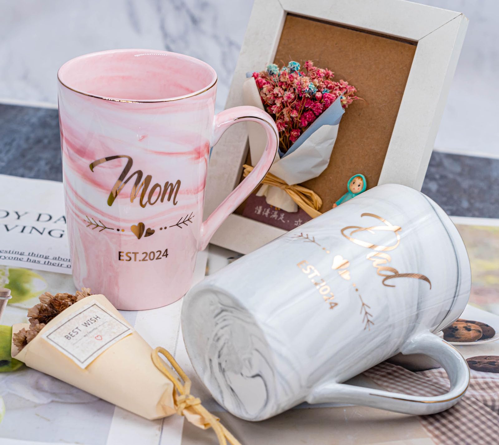 Pregnancy Gift Basket for New Parents - Baby Shower & Gender Reveal Gifts Set with Mugs, Ultrasound Frame, Decision Coin, Nail Kit, Bibs & Swaddle - Perfect First Time Mom & Dad Gifts EST 2024 | Ideal for Baby Announcements, Newborn Celebrations and Parenting Milestones