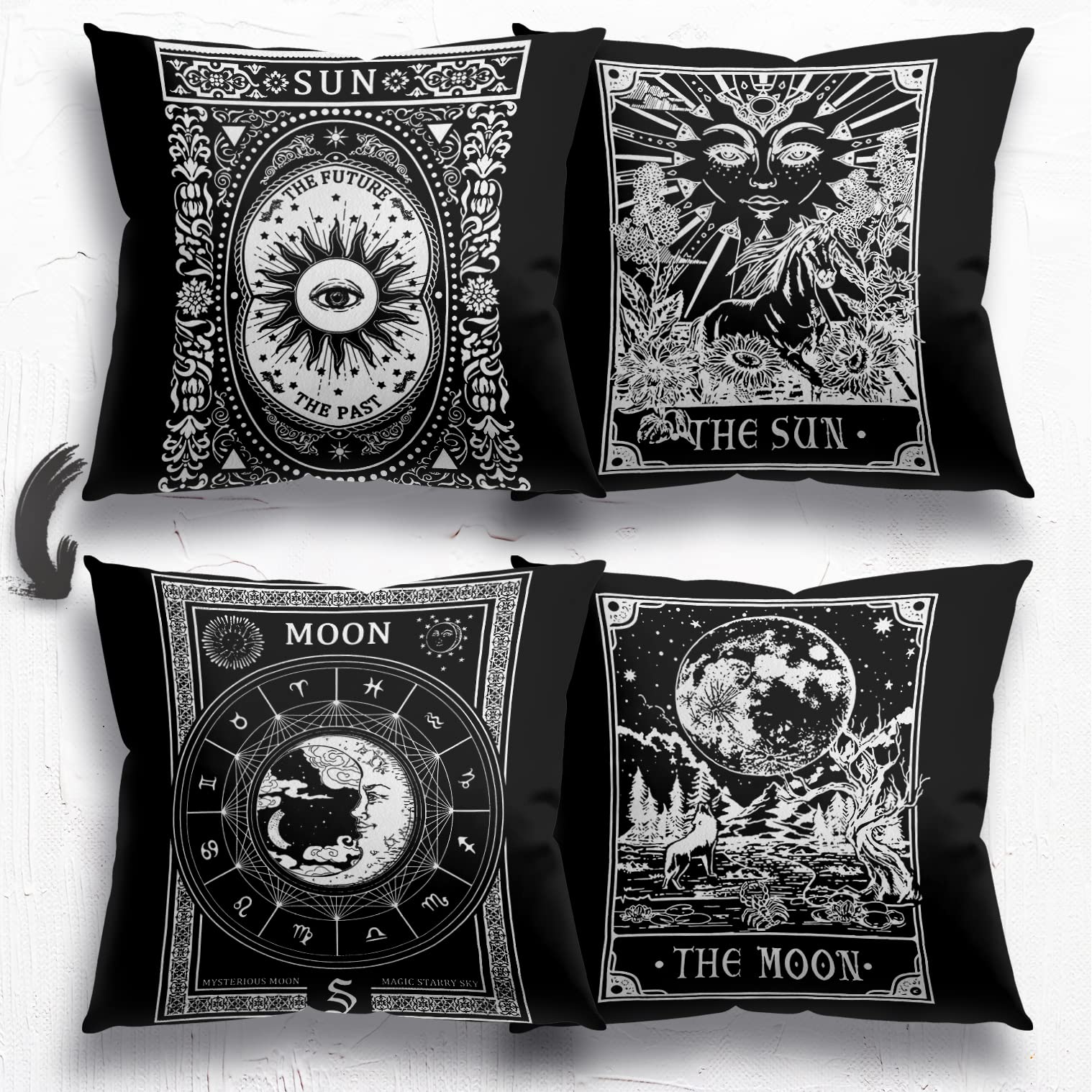 Knibeo Gothic Throw Pillow Covers Set of 2 - 18x18 Inch Reversible Witch & Tarot Card Design for Home Decor, Halloween, Witchy Aesthetic, and Unique Gift Ideas | Perfect for Living Room, Bedroom, or Occult-Themed Spaces