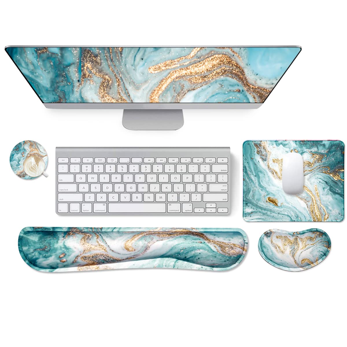 Ergonomic Keyboard Wrist Rest & Mouse Pad Set with Memory Foam Support - Comfortable Green Marble Design for Computer, Laptop, Home & Office Use - Perfect for Typing, Gaming and Long Work Sessions