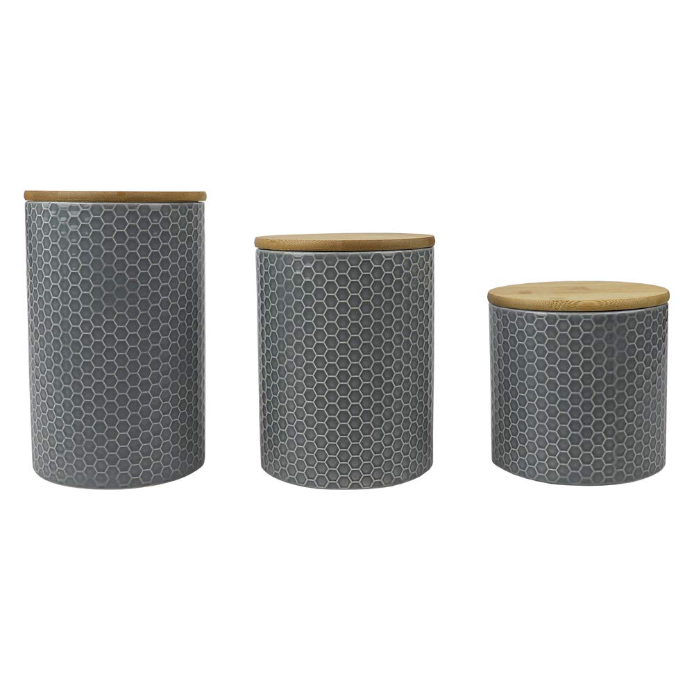 Modern Honeycomb Design Kitchen Canister Set with Bamboo Lid - Grey | Airtight Storage for Dry Food, Baking Staples, Snacks | Perfect for Countertop Organization & Pantry Storage