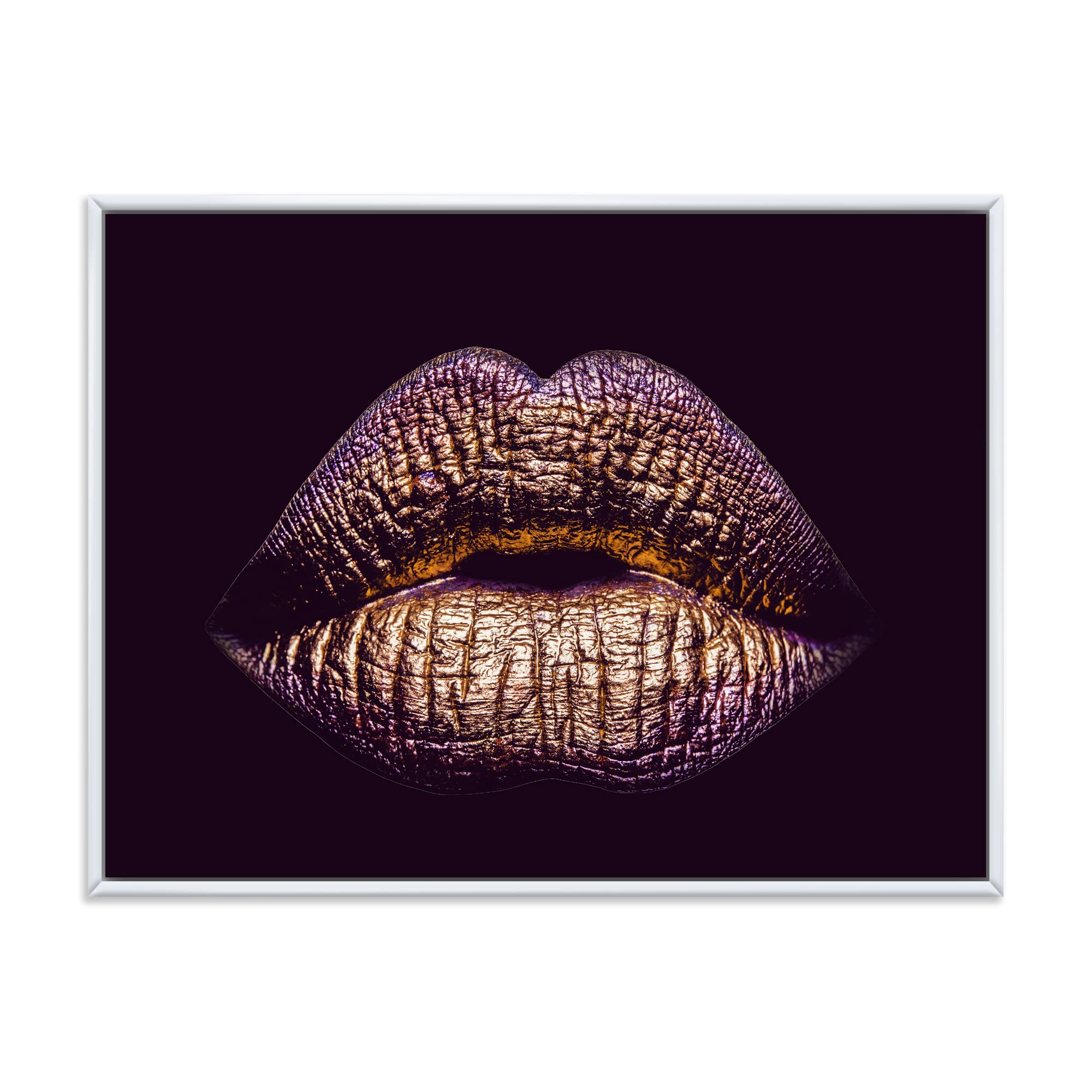 DesignQ Sexy Golden Metallized Female Lips III - Modern Framed Canvas Wall Art Print for Living Room, Bedroom & Office Decor
