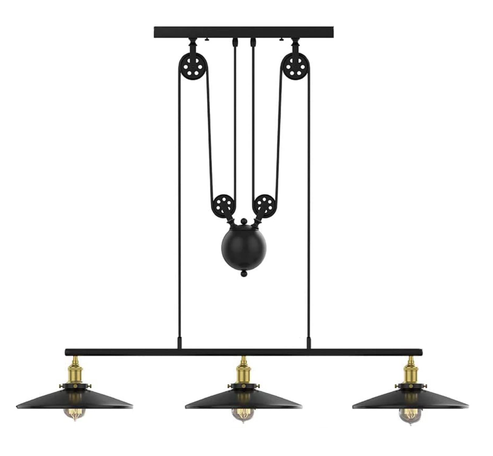 WINSOON 3-Light Pendant Lighting Fixture - Rustic Farmhouse Chandelier for Kitchen Island, Dining Room, Billiard Table, Foyer & Hallway | Adjustable Pulley System, Vintage Industrial Decor