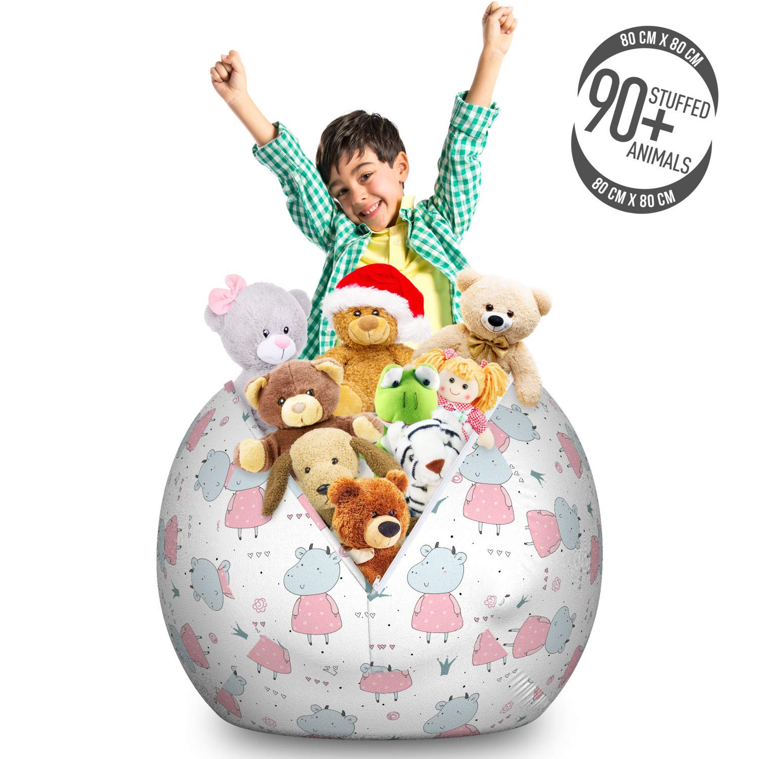Ambesonne Large Washable Stuffed Animal Storage Bag Chair - Cows in Dresses with Scribbled Heart & Flowers Design, Toy Organizer for Kids' Room (Cadet Blue) | Perfect for Playroom Organization & Child-Friendly Home Decor