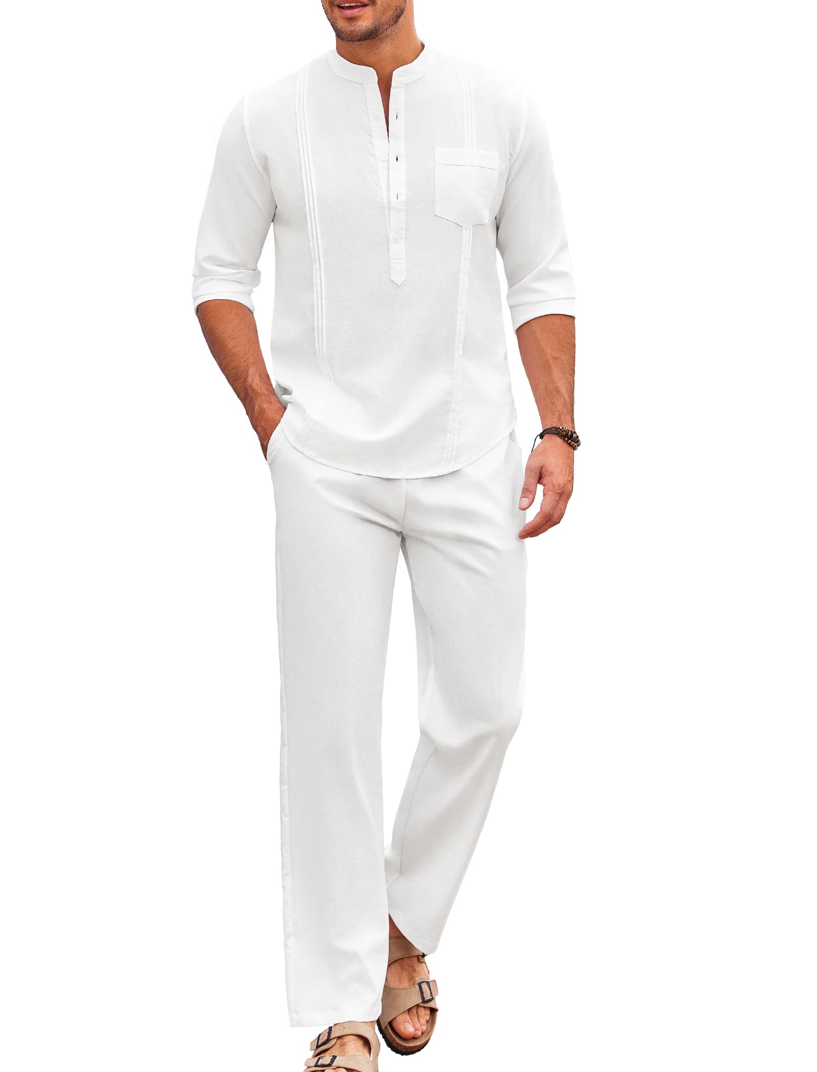 COOFANDY Men's 2-Piece Cotton Linen Outfit Set - Breathable Long Sleeve Henley Shirt & Comfortable Yoga Pants - Casual Beachwear, Cuban Style Lounge Set for Summer Vacation, Yoga, and Relaxation