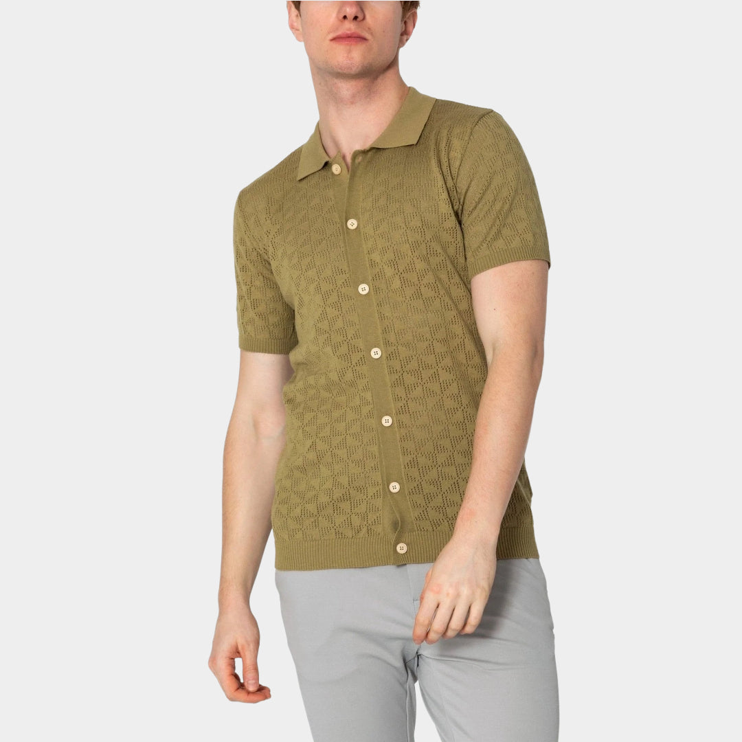 Geometric Crochet Polo Shirt for Men - Stylish Green Summer Casual Top | Perfect for Beach Outings, Music Festivals & Boho Fashion