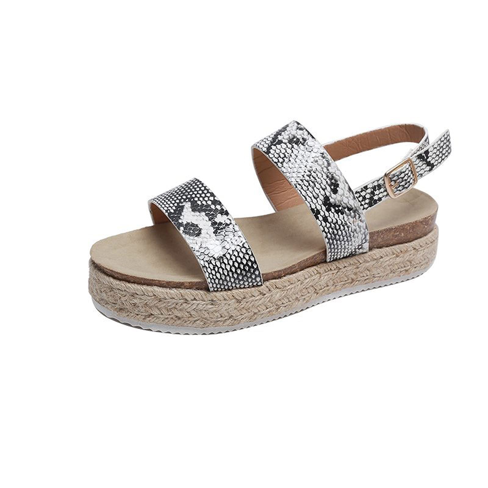 Women's Woven Straw Toe Buckle Summer Casual Sandals - Round Fashion Platform Sandals for Women - Comfortable Beach & Vacation Footwear (White, Size 7.5) - Perfect for Poolside, Travel and Summer Outings