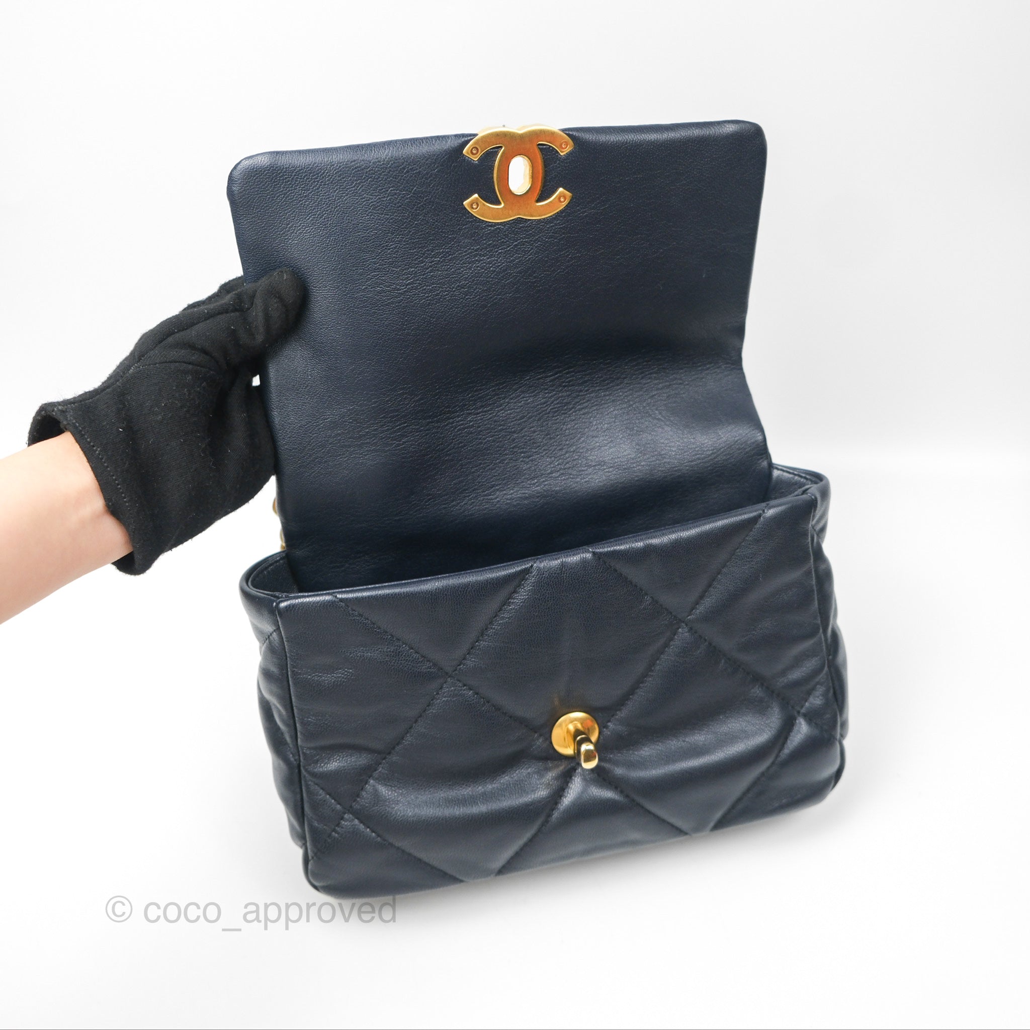 Chanel 19 Small Navy Blue Goatskin Leather Bag with Mixed Gold & Silver Hardware - Luxury Crossbody Purse for Women, Perfect for Date Night & Evening Events