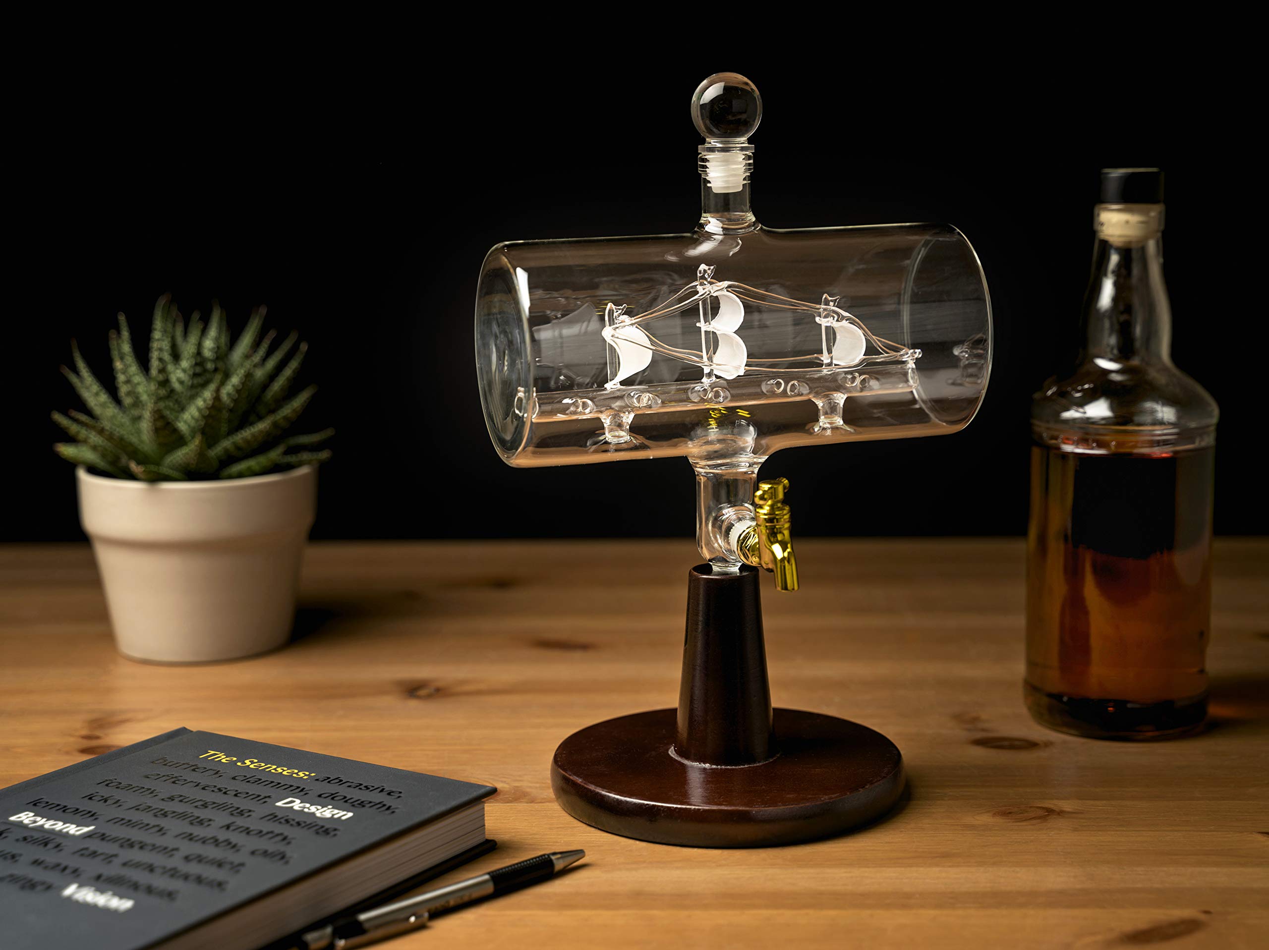 Premium Handcrafted 38oz Whiskey Decanter Set - Glass Liquor Dispenser with Wooden Stand, Bar Funnel & Ship Design - Perfect for Home Bars, Gifts & Whiskey Enthusiasts