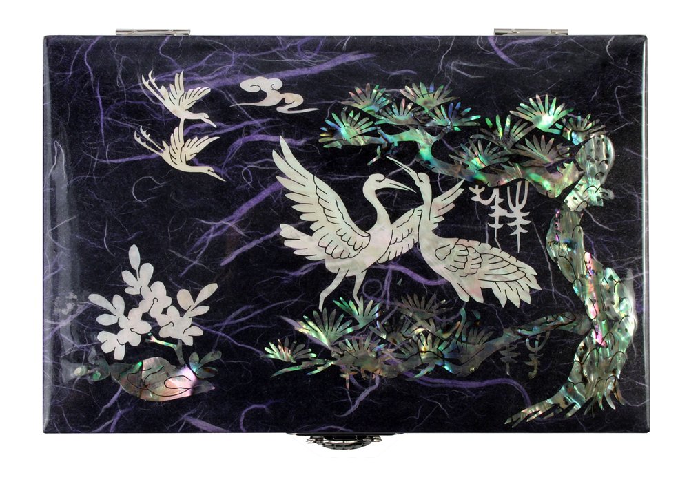 Antique Mother of Pearl Inlaid Wooden Jewelry Box - Handcrafted Treasure Chest Organizer for Rings, Necklaces & Keepsakes (Crane Pine Purple) | Perfect for Gift Giving, Wedding Jewelry Storage & Home Decor