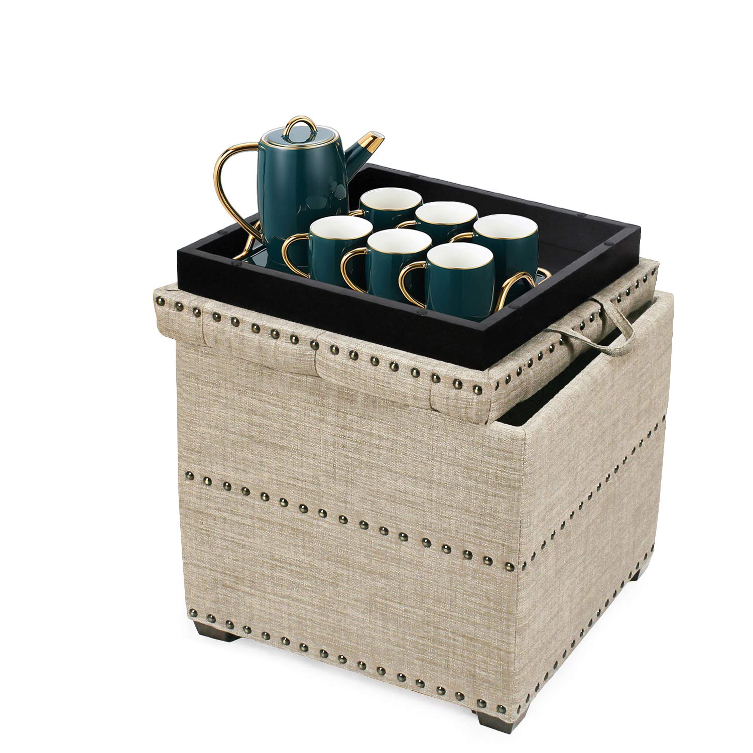 Square Storage Ottoman Bench with Removable Tray - Upholstered Foot Stool with Nailhead Trim in Beige - Perfect for Living Room, Bedroom & Entryway Organization