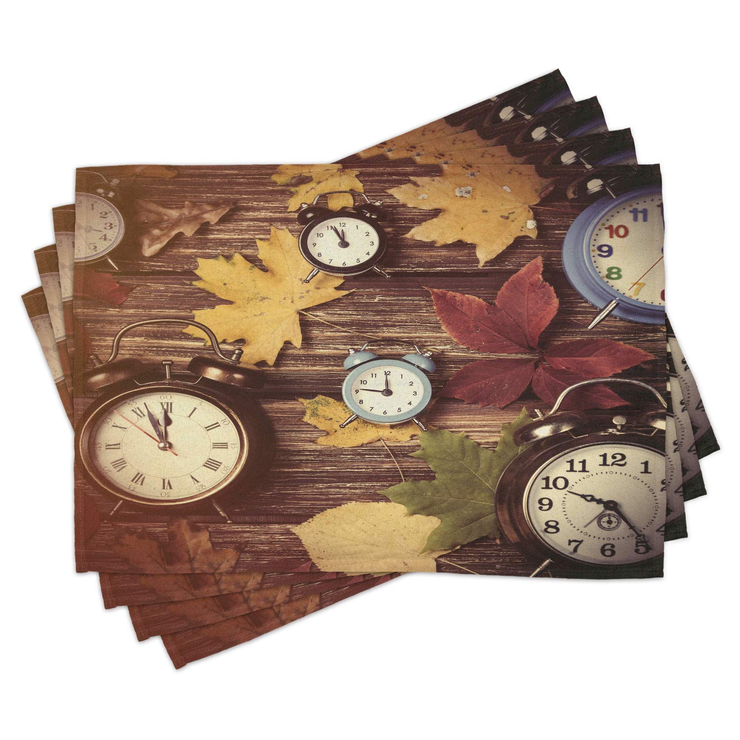 Ambesonne Fall Placemats Set of 4 - Waterproof Washable Fabric Table Mats with Autumn Maple Leaves & Vintage Clock Design for Dining Room, Kitchen Decor - Perfect for Thanksgiving, Fall Dinner Parties & Seasonal Home Decoration