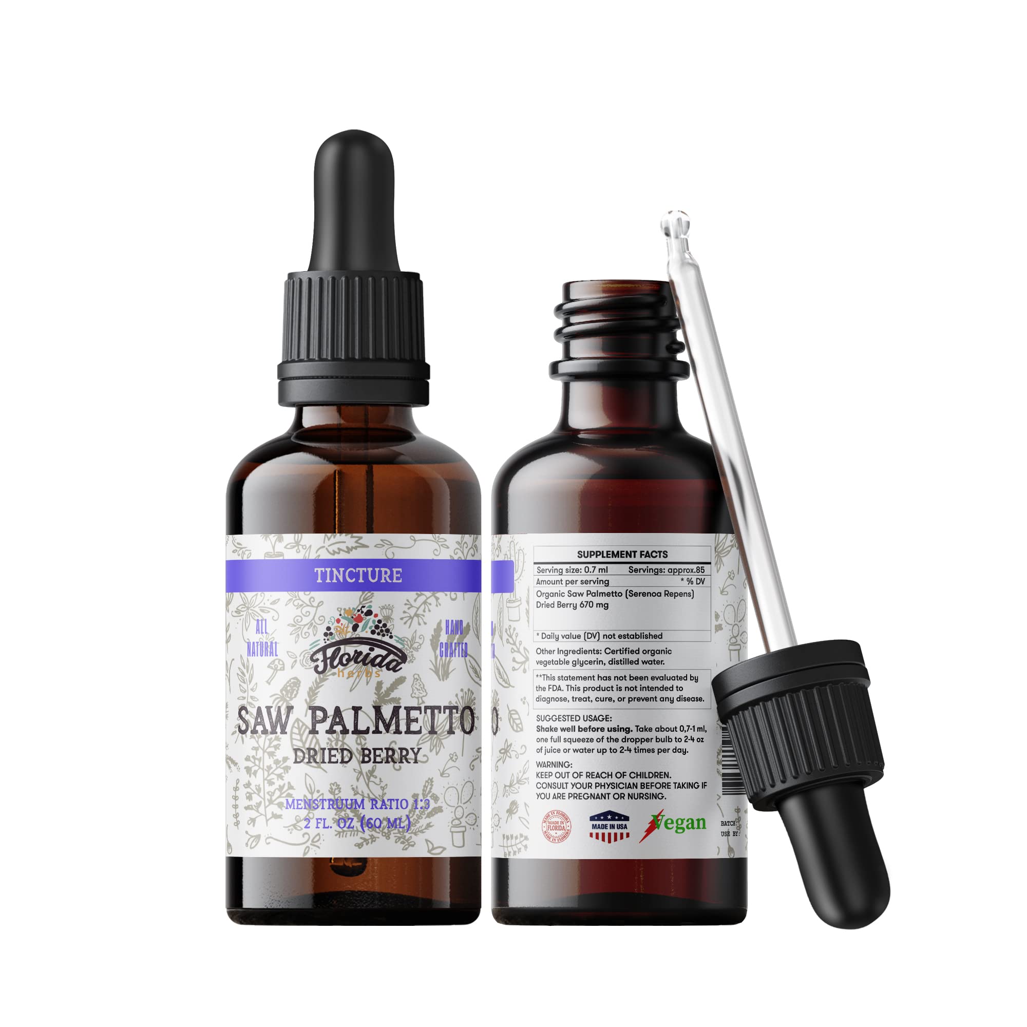 Organic Saw Palmetto Tincture Extract - Serenoa Repens Dried Berry Supplement for Prostate Health & Hair Growth - Supports Urinary Function & Hormone Balance - Perfect for Men's Wellness & Natural Remedies