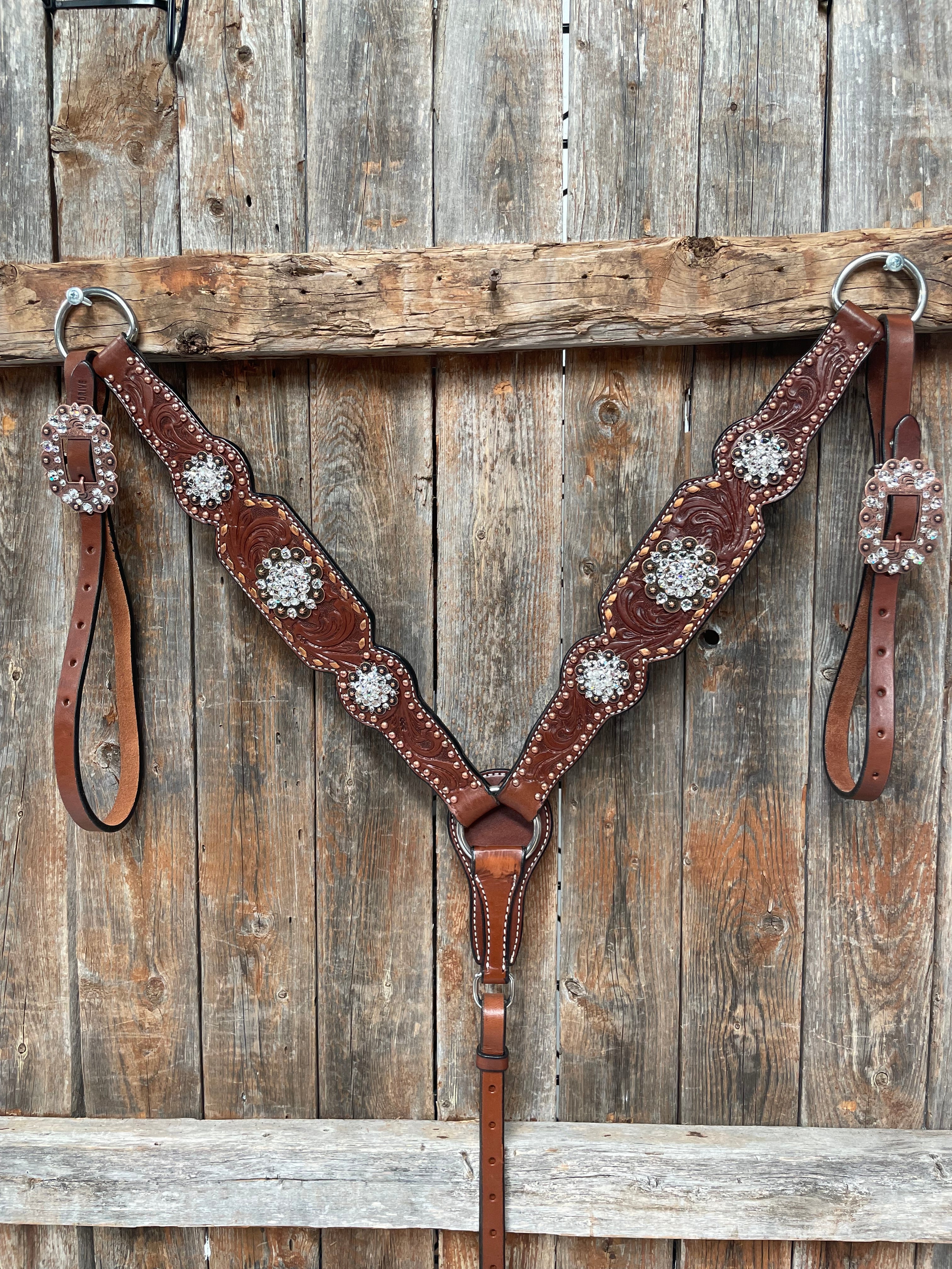 Premium Medium Oil Copper Buckstitch Clear One Ear & Breastcollar Tack Set #OEBC450 – Perfect for Western Riding, Horse Shows & Trail Riding