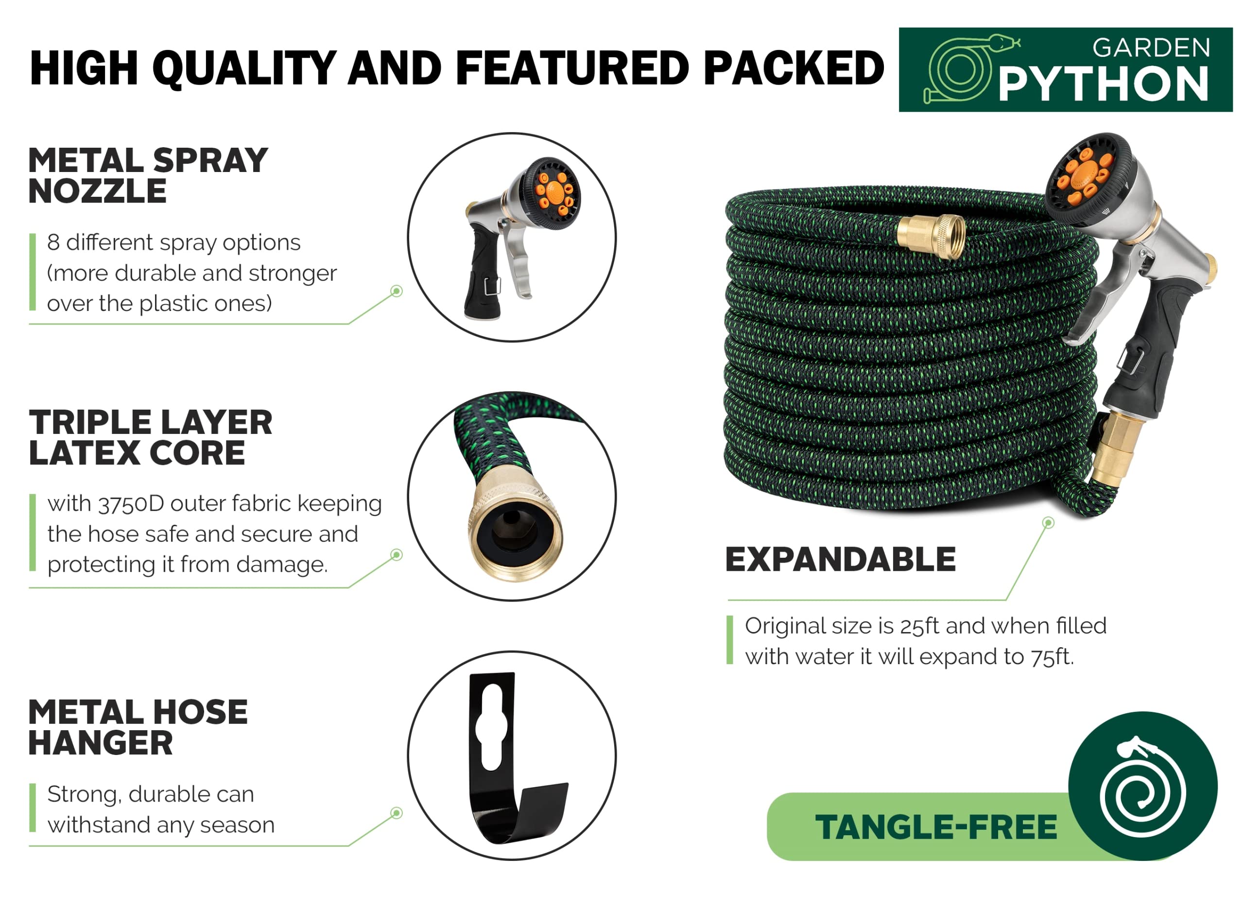 Expandable Garden Hose 25 to 75 Ft - Lightweight Flexible Water Hose with Triple Layer Latex Core - Compact Retractable Hose with Metal Nozzle & Holder - Perfect for Lawn, Garden, Patio & Car Washing