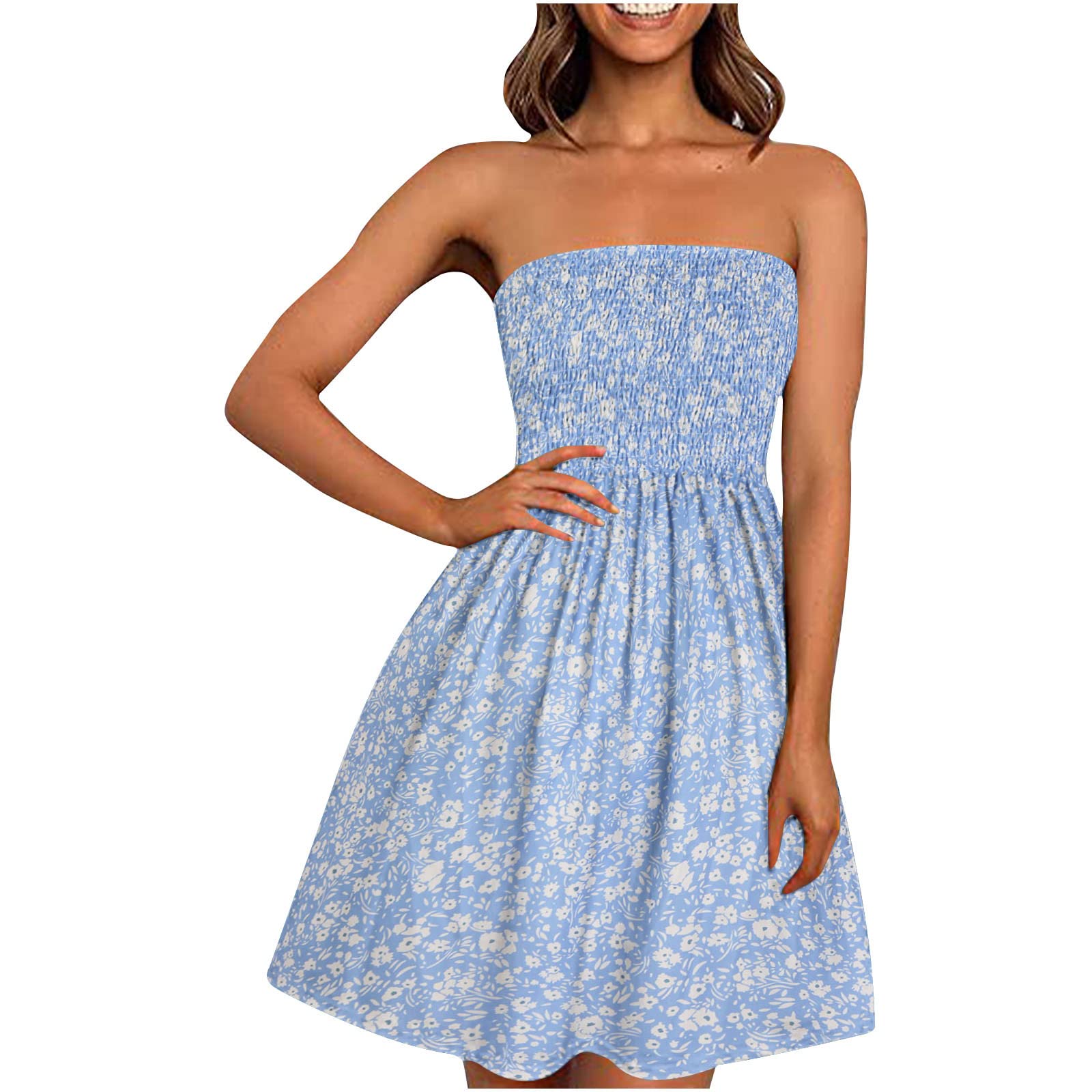 Women's Summer Boho Floral Sundress - Casual Strapless Off Shoulder Mini Dress for Beach Cover Ups | Perfect for Vacations, Pool Parties & Outdoor Festivals