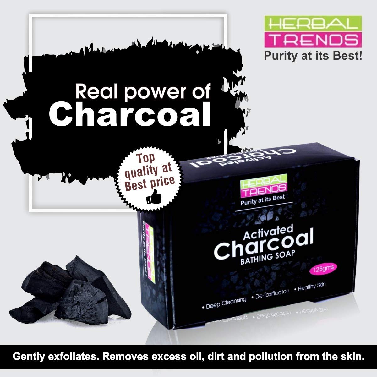 Herbal Trends Activated Charcoal Soap for Men & Women - 125g Natural Detoxifying Face & Body Cleanser - Handmade Vegan Bath Soap (Pack of 2) - Perfect for Acne-Prone Skin & Deep Pore Cleansing