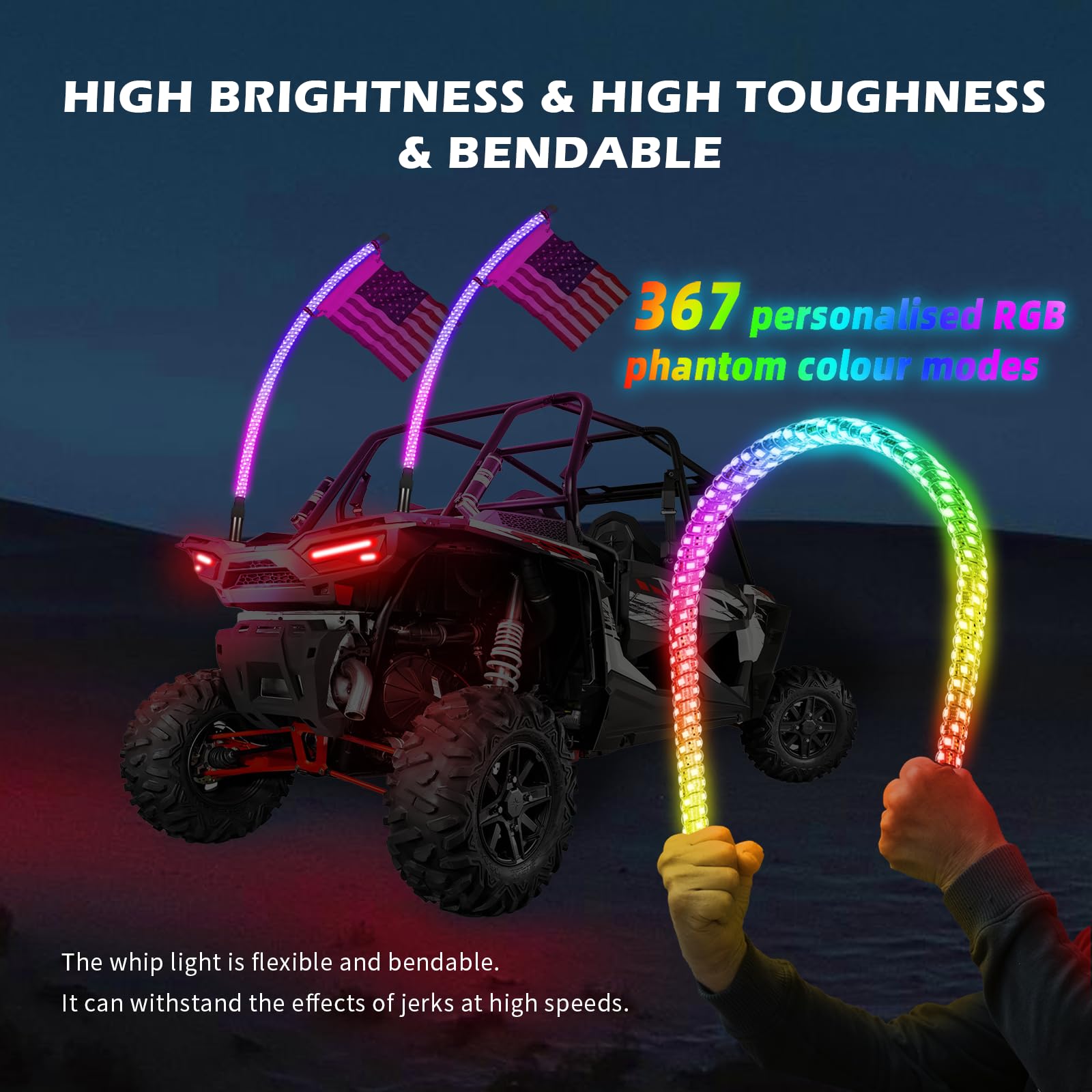 2-Piece 3FT LED Whip Lights with Spring Base - RGB Spiral Chase Lights with App & Remote Control for ATV, UTV, RZR, Truck, SXS - DIY Music Sync Lighting for Off-Road Adventures & Night Rides