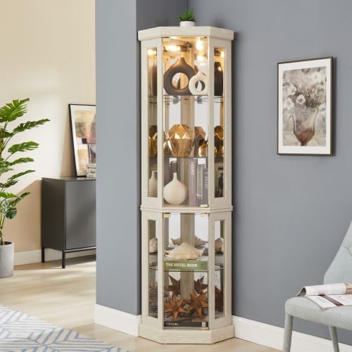Antique White Corner Glass Curio Cabinet with LED Lights - Display Case for Living Room, Antique Collections, Wine & Bar Glass Storage - Perfect for Home Decor, Showcasing Collectibles & Entertaining Guests