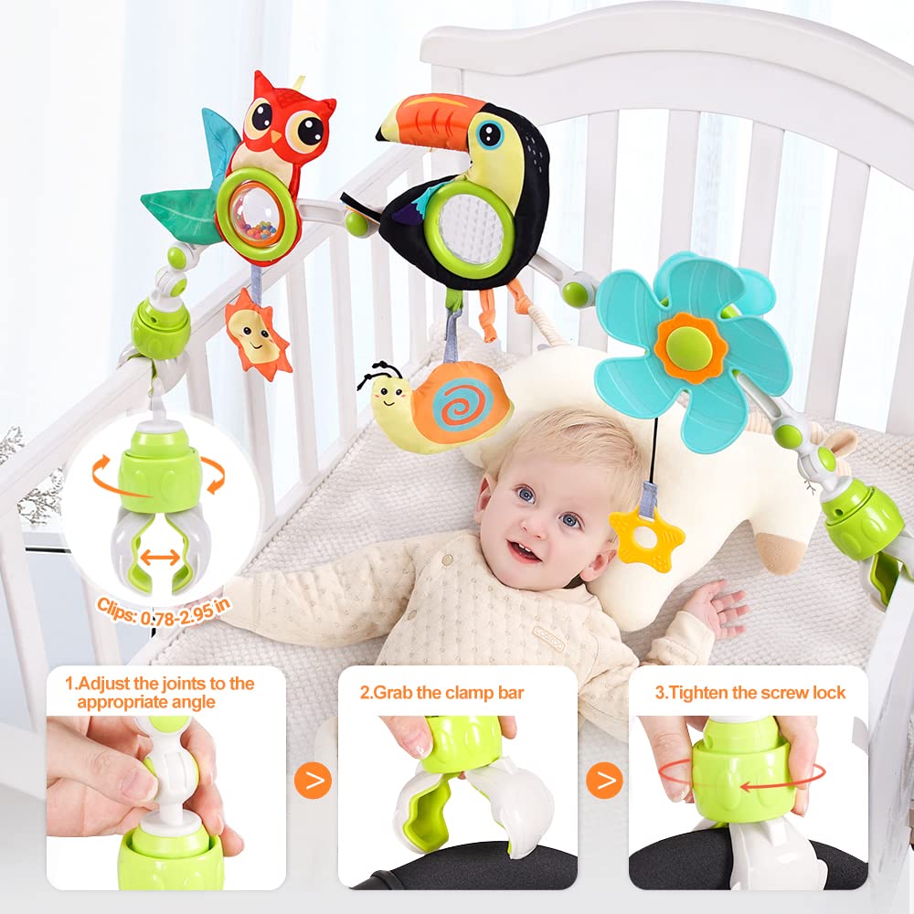 Koty Baby Stroller Arch Toy with Teether, Rattle, Crinkle Sound, Mirror & Music Box - Sensory Activity Toy for Newborns 0-12 Months - Adjustable for Car Seats, Strollers & Bouncers - Perfect for Travel, Playtime & Developmental Stimulation (Deer Design)