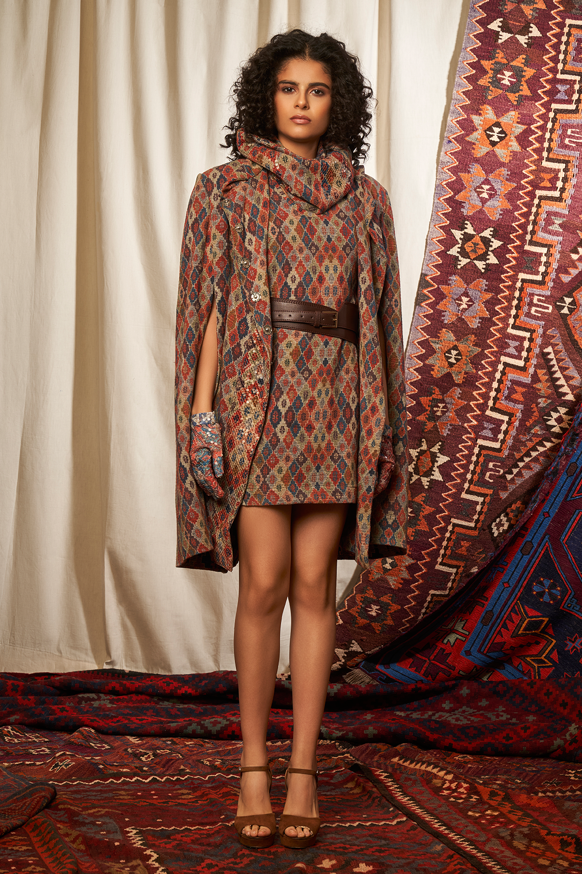 Stylish Brick Print Cape with Inner Dress & Cowl - Perfect for Cosplay, Halloween Costumes, and Themed Parties