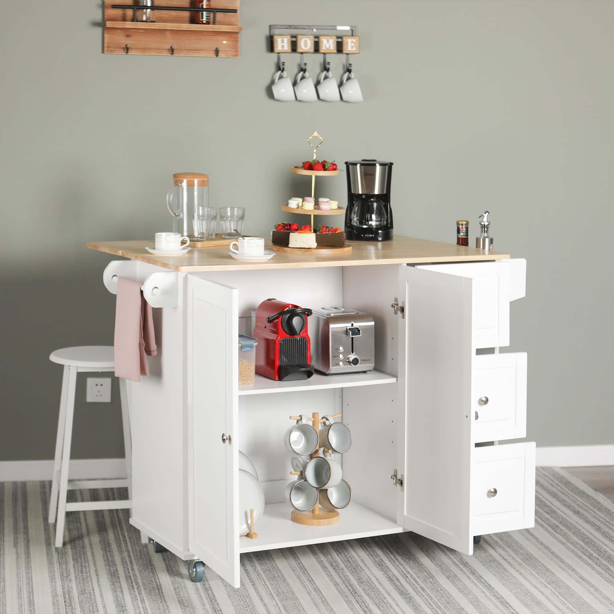 Portable Kitchen Island Cart on Wheels with Drop Leaf, Spice Rack, Towel Holder & Drawers - White | Rolling Kitchen Storage Cabinet for Small Spaces, Apartments & Mobile Cooking Stations